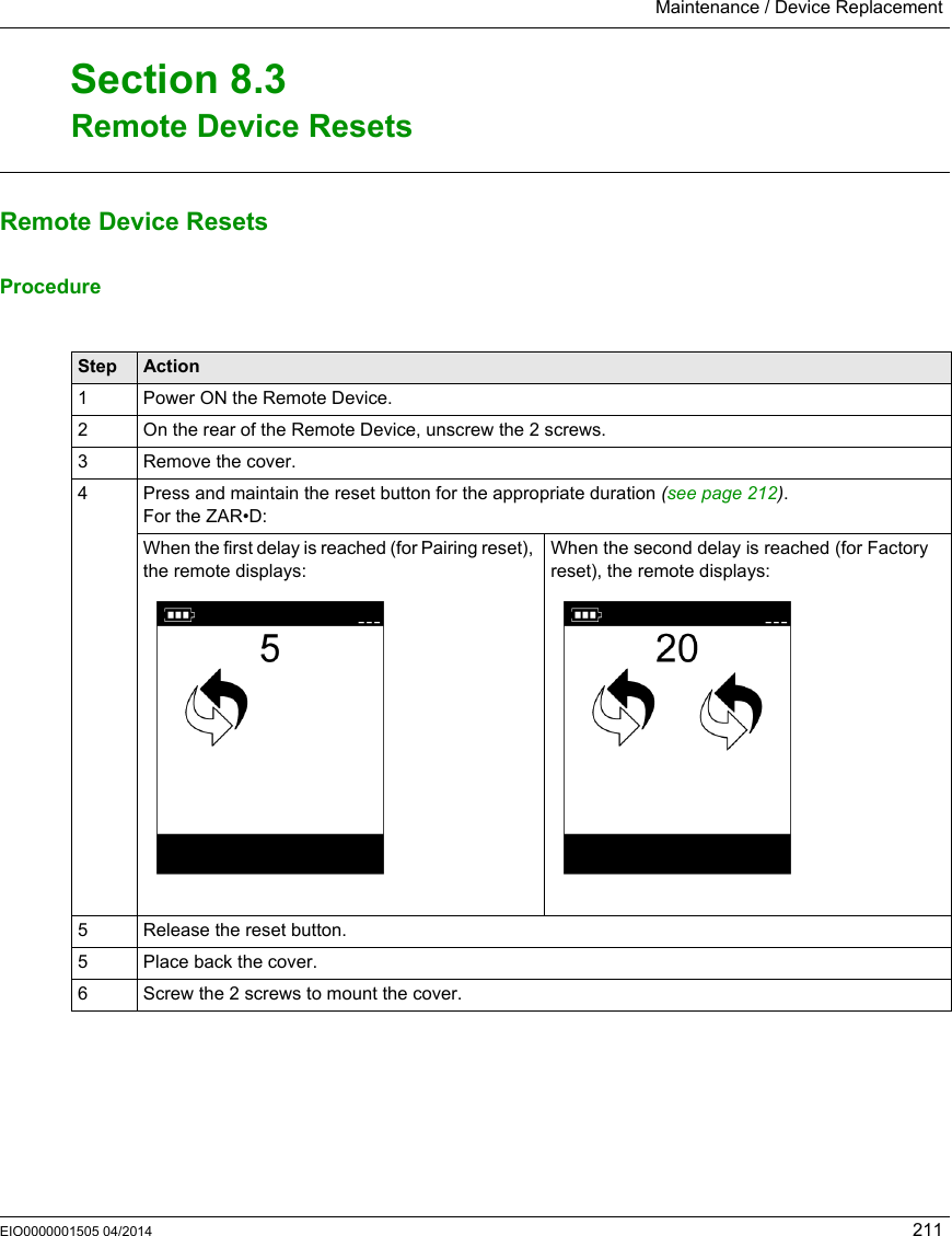 Maintenance / Device ReplacementEIO0000001505 04/2014 211Remote Device ResetsSection 8.3Remote Device ResetsRemote Device ResetsProcedure Step Action1 Power ON the Remote Device.2 On the rear of the Remote Device, unscrew the 2 screws.3 Remove the cover.4 Press and maintain the reset button for the appropriate duration (see page 212).For the ZAR•D:When the first delay is reached (for Pairing reset), the remote displays:When the second delay is reached (for Factory reset), the remote displays:5 Release the reset button.5 Place back the cover.6 Screw the 2 screws to mount the cover.