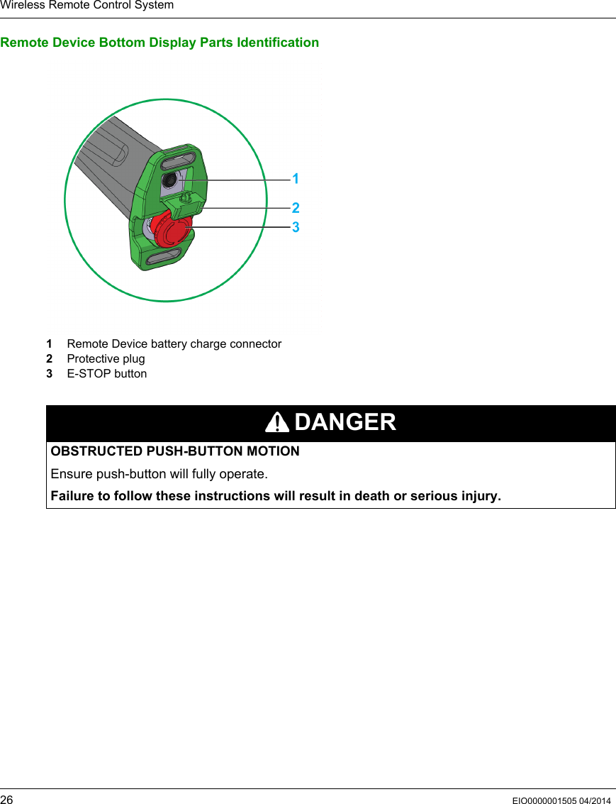 Wireless Remote Control System26 EIO0000001505 04/2014Remote Device Bottom Display Parts Identification1  Remote Device battery charge connector2  Protective plug3  E-STOP buttonDANGEROBSTRUCTED PUSH-BUTTON MOTIONEnsure push-button will fully operate.Failure to follow these instructions will result in death or serious injury.