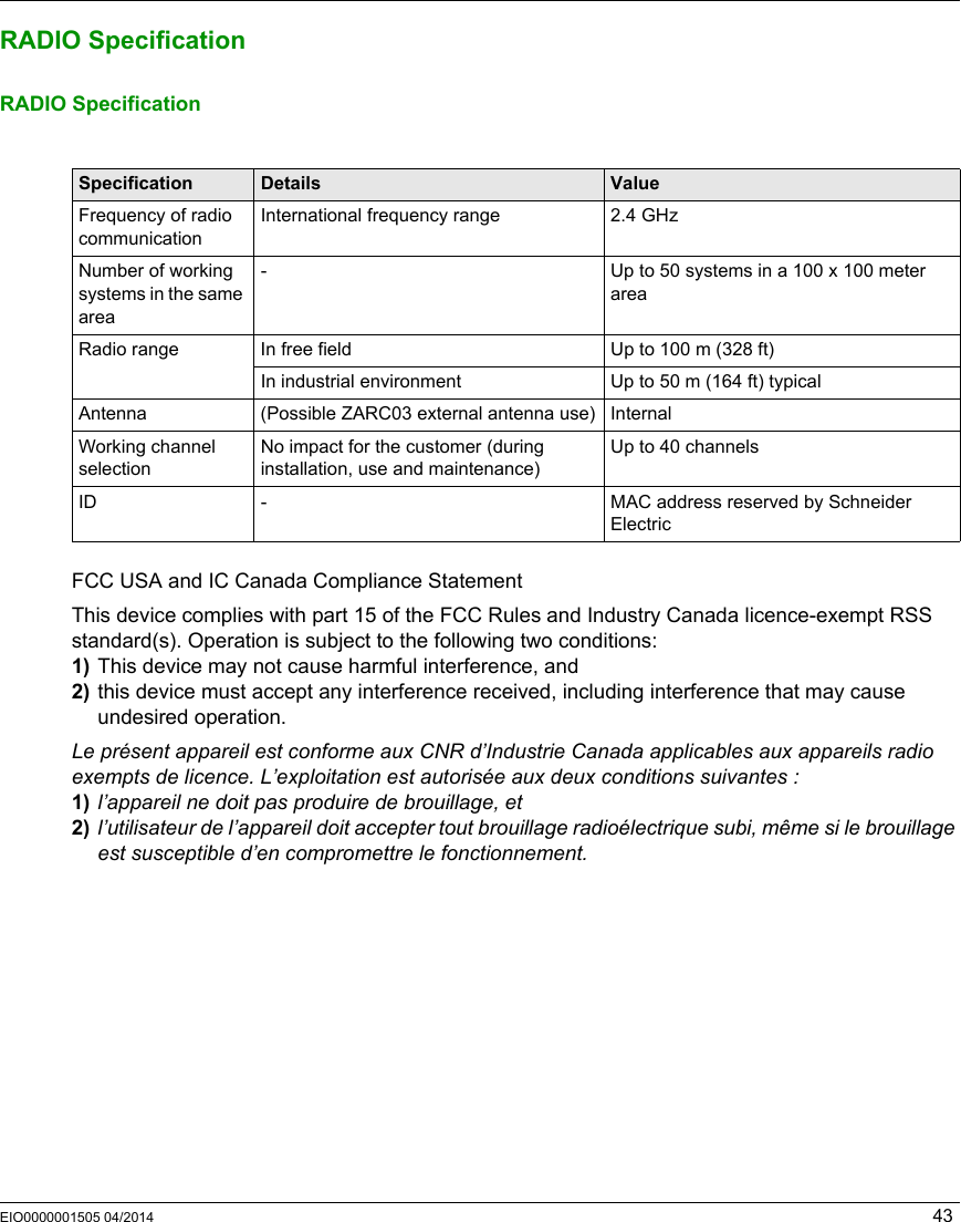 EIO0000001505 04/2014 43RADIO SpecificationRADIO Specification FCC USA and IC Canada Compliance StatementThis device complies with part 15 of the FCC Rules and Industry Canada licence-exempt RSS standard(s). Operation is subject to the following two conditions: 1) This device may not cause harmful interference, and 2) this device must accept any interference received, including interference that may cause undesired operation.Le présent appareil est conforme aux CNR d’Industrie Canada applicables aux appareils radio exempts de licence. L’exploitation est autorisée aux deux conditions suivantes : 1) l’appareil ne doit pas produire de brouillage, et 2) l’utilisateur de l’appareil doit accepter tout brouillage radioélectrique subi, même si le brouillage est susceptible d’en compromettre le fonctionnement.Specification Details ValueFrequency of radio communicationInternational frequency range 2.4 GHzNumber of working systems in the same area- Up to 50 systems in a 100 x 100 meter areaRadio range In free field Up to 100 m (328 ft)In industrial environment Up to 50 m (164 ft) typicalAntenna (Possible ZARC03 external antenna use) InternalWorking channel selectionNo impact for the customer (during installation, use and maintenance)Up to 40 channelsID - MAC address reserved by Schneider Electric
