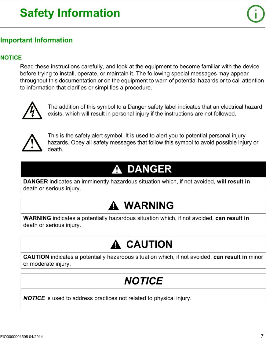 EIO0000001505 04/2014 7Safety InformationImportant InformationNOTICERead these instructions carefully, and look at the equipment to become familiar with the device before trying to install, operate, or maintain it. The following special messages may appear throughout this documentation or on the equipment to warn of potential hazards or to call attention to information that clarifies or simplifies a procedure.