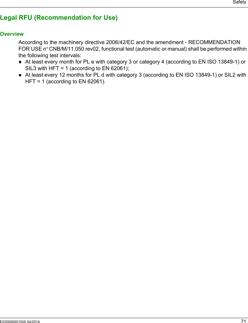SafetyEIO0000001505 04/2014 71Legal RFU (Recommendation for Use)OverviewAccording to the machinery directive 2006/42/EC and the amendment - RECOMMENDATION FOR USE n°CNB/M/11.050 rev02, functional test (automatic or manual) shall be performed within the following test intervals:At least every month for PL e with category 3 or category 4 (according to EN ISO 13849-1) or SIL3 with HFT = 1 (according to EN 62061);At least every 12 months for PL d with category 3 (according to EN ISO 13849-1) or SIL2 with HFT = 1 (according to EN 62061).