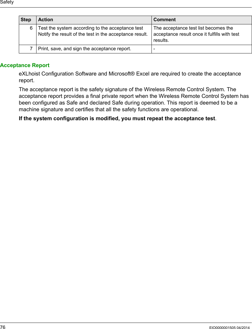 Safety76 EIO0000001505 04/2014Acceptance ReporteXLhoist Configuration Software and Microsoft® Excel are required to create the acceptance report. The acceptance report is the safety signature of the Wireless Remote Control System. The acceptance report provides a final private report when the Wireless Remote Control System has been configured as Safe and declared Safe during operation. This report is deemed to be a machine signature and certifies that all the safety functions are operational.If the system configuration is modified, you must repeat the acceptance test.6 Test the system according to the acceptance testNotify the result of the test in the acceptance result.The acceptance test list becomes the acceptance result once it fulfills with test results.7 Print, save, and sign the acceptance report. -Step Action Comment