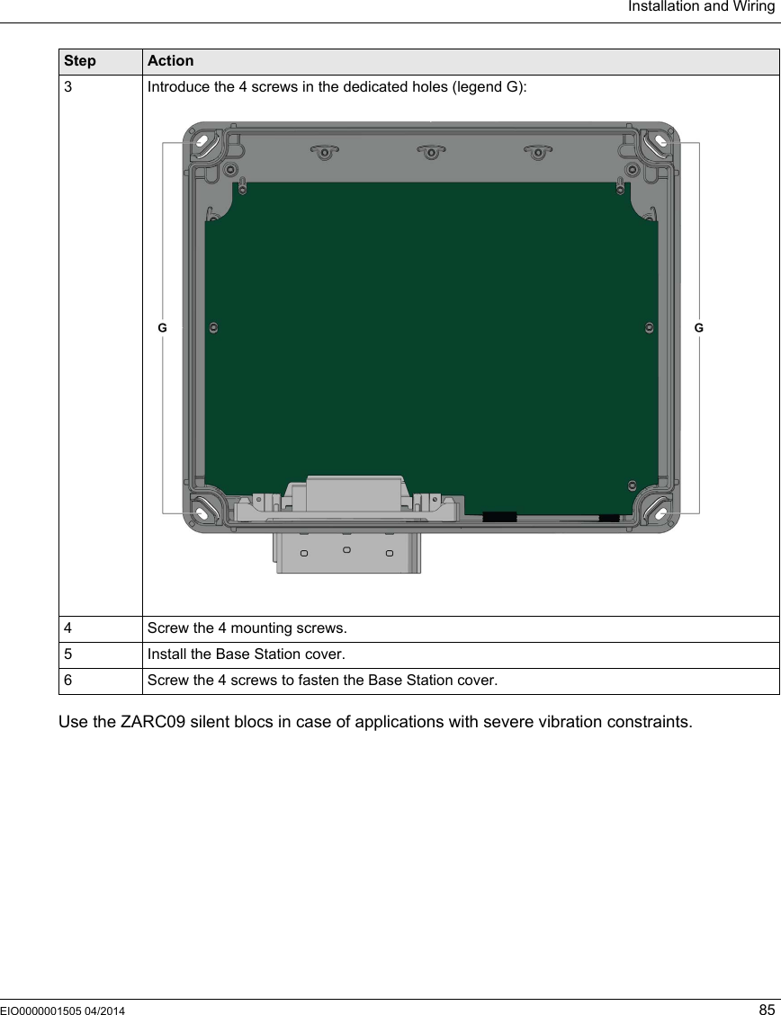 Installation and WiringEIO0000001505 04/2014 85Use the ZARC09 silent blocs in case of applications with severe vibration constraints.3 Introduce the 4 screws in the dedicated holes (legend G):4 Screw the 4 mounting screws.5 Install the Base Station cover.6 Screw the 4 screws to fasten the Base Station cover.Step Action