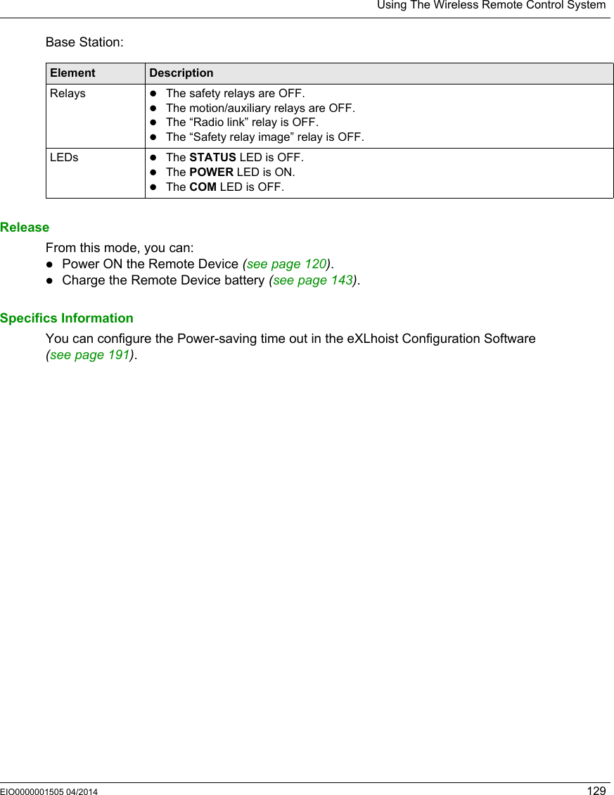 Using The Wireless Remote Control SystemEIO0000001505 04/2014 129Base Station:ReleaseFrom this mode, you can:Power ON the Remote Device (seepage120).Charge the Remote Device battery (see page 143).Specifics InformationYou can configure the Power-saving time out in the eXLhoist Configuration Software (seepage191).Element DescriptionRelays The safety relays are OFF.The motion/auxiliary relays are OFF.The “Radio link” relay is OFF.The “Safety relay image” relay is OFF.LEDs The STATUS LED is OFF. The POWER LED is ON.The COM LED is OFF.