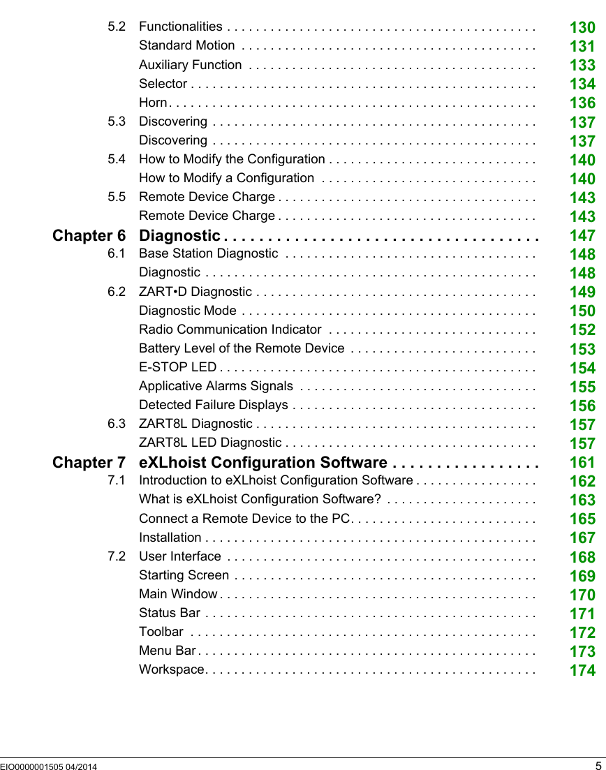 EIO0000001505 04/2014 55.2 Functionalities . . . . . . . . . . . . . . . . . . . . . . . . . . . . . . . . . . . . . . . . . . .  130Standard Motion  . . . . . . . . . . . . . . . . . . . . . . . . . . . . . . . . . . . . . . . . .  131Auxiliary Function  . . . . . . . . . . . . . . . . . . . . . . . . . . . . . . . . . . . . . . . .  133Selector . . . . . . . . . . . . . . . . . . . . . . . . . . . . . . . . . . . . . . . . . . . . . . . .  134Horn. . . . . . . . . . . . . . . . . . . . . . . . . . . . . . . . . . . . . . . . . . . . . . . . . . .  1365.3 Discovering . . . . . . . . . . . . . . . . . . . . . . . . . . . . . . . . . . . . . . . . . . . . .  137Discovering . . . . . . . . . . . . . . . . . . . . . . . . . . . . . . . . . . . . . . . . . . . . .  1375.4 How to Modify the Configuration . . . . . . . . . . . . . . . . . . . . . . . . . . . . .  140How to Modify a Configuration  . . . . . . . . . . . . . . . . . . . . . . . . . . . . . .  1405.5 Remote Device Charge . . . . . . . . . . . . . . . . . . . . . . . . . . . . . . . . . . . .  143Remote Device Charge . . . . . . . . . . . . . . . . . . . . . . . . . . . . . . . . . . . .  143Chapter 6 Diagnostic . . . . . . . . . . . . . . . . . . . . . . . . . . . . . . . . . . . . 1476.1 Base Station Diagnostic  . . . . . . . . . . . . . . . . . . . . . . . . . . . . . . . . . . .  148Diagnostic . . . . . . . . . . . . . . . . . . . . . . . . . . . . . . . . . . . . . . . . . . . . . .  1486.2 ZART•D Diagnostic . . . . . . . . . . . . . . . . . . . . . . . . . . . . . . . . . . . . . . .  149Diagnostic Mode . . . . . . . . . . . . . . . . . . . . . . . . . . . . . . . . . . . . . . . . .  150Radio Communication Indicator  . . . . . . . . . . . . . . . . . . . . . . . . . . . . .  152Battery Level of the Remote Device  . . . . . . . . . . . . . . . . . . . . . . . . . .  153E-STOP LED . . . . . . . . . . . . . . . . . . . . . . . . . . . . . . . . . . . . . . . . . . . .  154Applicative Alarms Signals  . . . . . . . . . . . . . . . . . . . . . . . . . . . . . . . . .  155Detected Failure Displays . . . . . . . . . . . . . . . . . . . . . . . . . . . . . . . . . .  1566.3 ZART8L Diagnostic . . . . . . . . . . . . . . . . . . . . . . . . . . . . . . . . . . . . . . .  157ZART8L LED Diagnostic . . . . . . . . . . . . . . . . . . . . . . . . . . . . . . . . . . .  157Chapter 7 eXLhoist Configuration Software . . . . . . . . . . . . . . . . . 1617.1 Introduction to eXLhoist Configuration Software . . . . . . . . . . . . . . . . .  162What is eXLhoist Configuration Software?  . . . . . . . . . . . . . . . . . . . . .  163Connect a Remote Device to the PC. . . . . . . . . . . . . . . . . . . . . . . . . .  165Installation . . . . . . . . . . . . . . . . . . . . . . . . . . . . . . . . . . . . . . . . . . . . . .  1677.2 User Interface  . . . . . . . . . . . . . . . . . . . . . . . . . . . . . . . . . . . . . . . . . . .  168Starting Screen . . . . . . . . . . . . . . . . . . . . . . . . . . . . . . . . . . . . . . . . . .  169Main Window . . . . . . . . . . . . . . . . . . . . . . . . . . . . . . . . . . . . . . . . . . . .  170Status Bar . . . . . . . . . . . . . . . . . . . . . . . . . . . . . . . . . . . . . . . . . . . . . .  171Toolbar  . . . . . . . . . . . . . . . . . . . . . . . . . . . . . . . . . . . . . . . . . . . . . . . .  172Menu Bar . . . . . . . . . . . . . . . . . . . . . . . . . . . . . . . . . . . . . . . . . . . . . . .  173Workspace. . . . . . . . . . . . . . . . . . . . . . . . . . . . . . . . . . . . . . . . . . . . . .  174