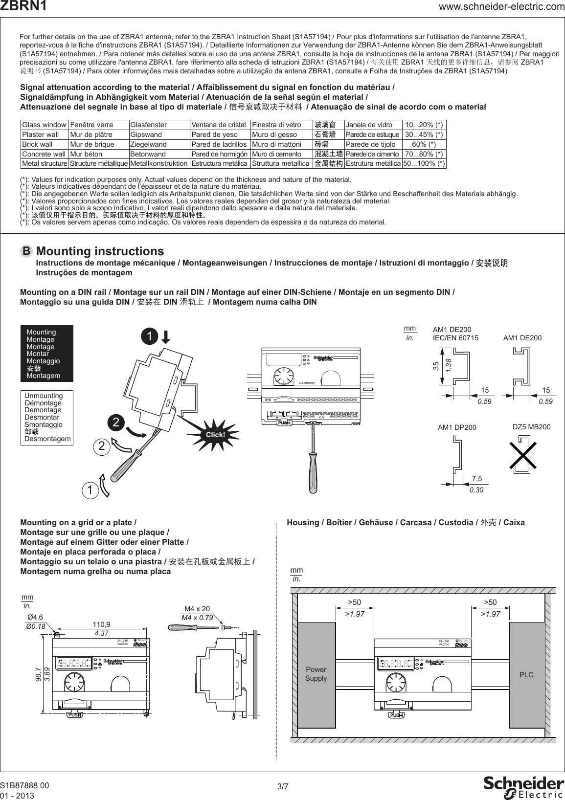 3/7 www.schneider-electric.comZBRN1Mounting on a DIN rail / Montage sur un rail DIN / Montage auf einer DIN-Schiene / Montaje en un segmento DIN / Montaggio su una guida DIN / 安装在 DIN 滑轨上 / Montagem numa calha DINMounting on a grid or a plate / Montage sur une grille ou une plaque / Montage auf einem Gitter oder einer Platte / Montaje en placa perforada o placa /Montaggio su un telaio o una piastra / 安装在孔板或金属板上 / Montagem numa grelha ou numa placaMounting instructions Instructions de montage mécanique / Montageanweisungen / Instrucciones de montaje / Istruzioni di montaggio / Instruções de montagem BHousing / Boîtier / Gehäuse / Carcasa / Custodia / 外壳 / Caixa351.38150.59150.59AM1 DE200AM1 DE200 IEC/EN 60715 7,50.30AM1 DP200  DZ5 MB200mmin.  Unmounting  Démontage  Demontage  Desmontar  Smontaggio    Desmontagem  Mounting  Montage  Montage  Montar  Montaggio    MontagemSignal attenuation according to the material / Affaiblissement du signal en fonction du matériau /Signaldämpfung in Abhängigkeit vom Material / Atenuación de la señal según el material / Attenuazione del segnale in base al tipo di materiale / 信号衰减取决于材料 / Atenuação de sinal de acordo com o materialFor further details on the use of ZBRA1 antenna, refer to the ZBRA1 Instruction Sheet (S1A57194) / Pour plus d&apos;informations sur l&apos;utilisation de l&apos;antenne ZBRA1, reportez-vous à la fiche d&apos;instructions ZBRA1 (S1A57194). / Detaillierte Informationen zur Verwendung der ZBRA1-Antenne können Sie dem ZBRA1-Anweisungsblatt (S1A57194) entnehmen. / Para obtener más detalles sobre el uso de una antena ZBRA1, consulte la hoja de instrucciones de la antena ZBRA1 (S1A57194) / Per maggiori precisazioni su come utilizzare l&apos;antenna ZBRA1, fare riferimento alla scheda di istruzioni ZBRA1 (S1A57194) / 有关使用 ZBRA1 天线的更多详细信息，请参阅 ZBRA1 说明书 (S1A57194) / Para obter informações mais detalhadas sobre a utilização da antena ZBRA1, consulte a Folha de Instruções da ZBRA1 (S1A57194)60% (*)50...100% (*)70...80% (*)10...20% (*)30...45% (*)Glass window Fenêtre verre  Plaster wall Mur de plâtreBrick wall Mur de briqueMetal structureStructure métalliqueConcrete wallGlasfensterGipswandZiegelwandMetallkonstruktionBetonwandVentana de cristalPared de yesoPared de ladrillosEstructura metálicaPared de hormigónFinestra di vetroMuro di gessoMuro di mattoniStruttura metallicaMuro di cementoJanela de vidroParede de estuqueParede de tijoloEstrutura metálicaParede de cimentoMur béton(*): Values for indication purposes only. Actual values depend on the thickness and nature of the material.(*): Valeurs indicatives dépendant de l’épaisseur et de la nature du matériau. (*): Die angegebenen Werte sollen lediglich als Anhaltspunkt dienen. Die tatsächlichen Werte sind von der Stärke und Beschaffenheit des Materials abhängig.(*): Valores proporcionados con fines indicativos. Los valores reales dependen del grosor y la naturaleza del material.(*): I valori sono solo a scopo indicativo. I valori reali dipendono dallo spessore e dalla natura del materiale.(*): Os valores servem apenas como indicação. Os valores reais dependem da espessira e da natureza do material.(*):2121Click!S1B87888 0001 - 2013HARMONYM4 x 20M4 x 0.79110,94.3798,73.89in.mmØ4,6Ø0.18N/- L/+24...240VAC/DCErrRemConfDiagPLCPowerSupply&gt;50&gt;1.97mmin.&gt;50&gt;1.97N/- L/+24...240VAC/DCErrRemConfDiag
