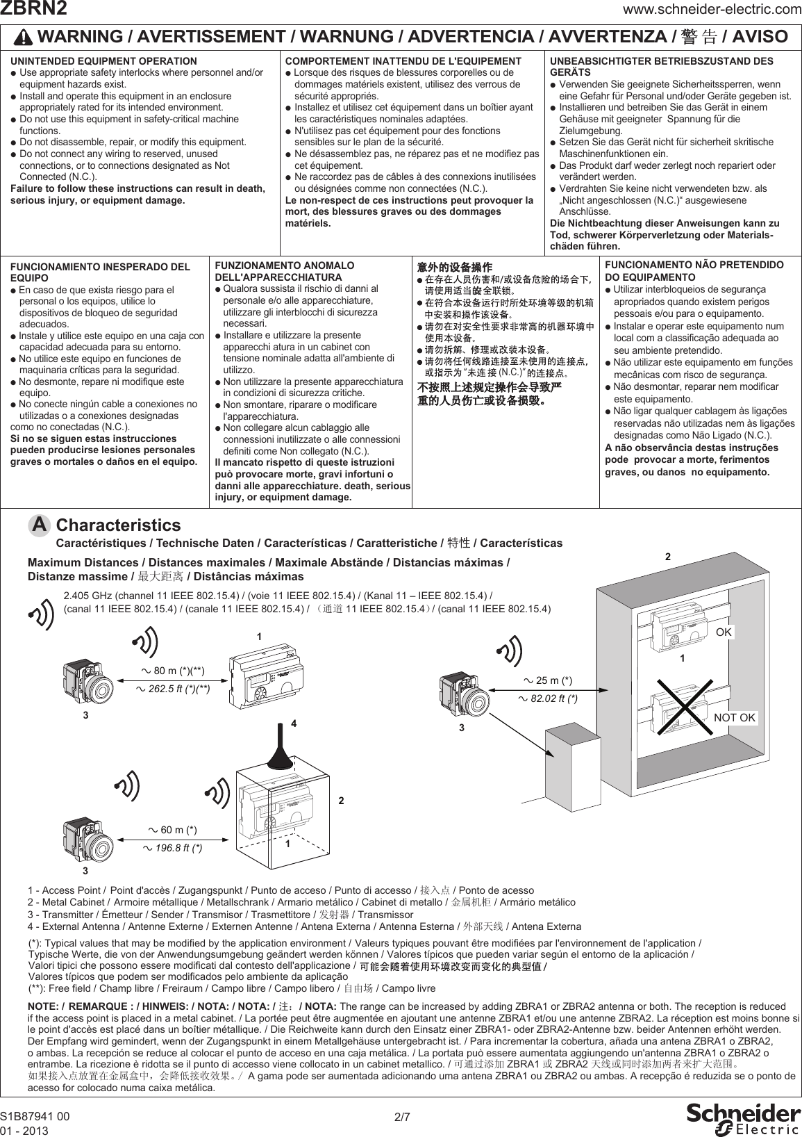 2/7www.schneider-electric.comZBRN2S1B87941 0001 - 20131 - Access Point / Point d&apos;accès / Zugangspunkt / Punto de acceso / Punto di accesso / 接入点 / Ponto de acesso2 - Metal Cabinet / Armoire métallique / Metallschrank / Armario metálico / Cabinet di metallo / 金属机柜 / Armário metálico3 - Transmitter / Émetteur / Sender / Transmisor / Trasmettitore / 发射器 / Transmissor4 - External Antenna / Antenne Externe / Externen Antenne / Antena Externa / Antenna Esterna / 外部天线 / Antena ExternaMaximum Distances / Distances maximales / Maximale Abstände / Distancias máximas /Distanze massime / 最大距离 / Distâncias máximasCharacteristicsANOTE: / REMARQUE : / HINWEIS: / NOTA: / NOTA: / 注： / NOTA: The range can be increased by adding ZBRA1 or ZBRA2 antenna or both. The reception is reduced if the access point is placed in a metal cabinet. / La portée peut être augmentée en ajoutant une antenne ZBRA1 et/ou une antenne ZBRA2. La réception est moins bonne si le point d&apos;accès est placé dans un boîtier métallique. / Die Reichweite kann durch den Einsatz einer ZBRA1- oder ZBRA2-Antenne bzw. beider Antennen erhöht werden. Der Empfang wird gemindert, wenn der Zugangspunkt in einem Metallgehäuse untergebracht ist. / Para incrementar la cobertura, añada una antena ZBRA1 o ZBRA2, o ambas. La recepción se reduce al colocar el punto de acceso en una caja metálica. / La portata può essere aumentata aggiungendo un&apos;antenna ZBRA1 o ZBRA2 o entrambe. La ricezione è ridotta se il punto di accesso viene collocato in un cabinet metallico. / 可通过添加 ZBRA1 或 ZBRA2 天线或同时添加两者来扩大范围。如果接入点放置在金属盒中，会降低接收效果。/ A gama pode ser aumentada adicionando uma antena ZBRA1 ou ZBRA2 ou ambas. A recepção é reduzida se o ponto de acesso for colocado numa caixa metálica.2.405 GHz (channel 11 IEEE 802.15.4) / (voie 11 IEEE 802.15.4) / (Kanal 11 – IEEE 802.15.4) /(canal 11 IEEE 802.15.4) / (canale 11 IEEE 802.15.4) /  （通道 11 IEEE 802.15.4） / (canal 11 IEEE 802.15.4)a 80 m (*)(**)13a 262.5 ft (*)(**)N/- L/+UNINTENDED EQUIPMENT OPERATIONp Use appropriate safety interlocks where personnel and/or    equipment hazards exist. p Install and operate this equipment in an enclosure    appropriately rated for its intended environment.p Do not use this equipment in safety-critical machine    functions.p Do not disassemble, repair, or modify this equipment.p Do not connect any wiring to reserved, unused    connections, or to connections designated as Not    Connected (N.C.).Failure to follow these instructions can result in death, serious injury, or equipment damage.WARNING /   (*): Typical values that may be modified by the application environment /  (**): Free field / Champ libre / Freiraum / Campo libre / Campo libero / 自由场 / Campo livreFUNCIONAMENTO NÃO PRETENDIDO DO EQUIPAMENTOp Utilizar interbloqueios de segurança    apropriados quando existem perigos    pessoais e/ou para o equipamento.p Instalar e operar este equipamento num    local com a classificação adequada ao    seu ambiente pretendido.p Não utilizar este equipamento em funções  mecânicas com risco de segurança.p Não desmontar, reparar nem modificar    este equipamento.p Não ligar qualquer cablagem às ligações    reservadas não utilizadas nem às ligações    designadas como Não Ligado (N.C.).A não observância destas instruções pode  provocar a morte, ferimentos graves, ou danos  no equipamento.13a 60 m (*)a 196.8 ft (*)24HARMONYN/-  L/+2a 25 m (*)13a 82.02 ft (*)NOT OKOKN/- L/+N/- L/+COMPORTEMENT INATTENDU DE L&apos;EQUIPEMENTp Lorsque des risques de blessures corporelles ou de    dommages matériels existent, utilisez des verrous de    sécurité appropriés. p Installez et utilisez cet équipement dans un boîtier ayant    les caractéristiques nominales adaptées.p N&apos;utilisez pas cet équipement pour des fonctions    sensibles sur le plan de la sécurité.p Ne désassemblez pas, ne réparez pas et ne modifiez pas    cet équipement.p Ne raccordez pas de câbles à des connexions inutilisées    ou désignées comme non connectées (N.C.).Le non-respect de ces instructions peut provoquer la mort, des blessures graves ou des dommages matériels.UNBEABSICHTIGTER BETRIEBSZUSTAND DES GERÄTSp Verwenden Sie geeignete Sicherheitssperren, wenn    eine Gefahr für Personal und/oder Geräte gegeben ist.p Installieren und betreiben Sie das Gerät in einem    Gehäuse mit geeigneter  Spannung für die      Zielumgebung.p Setzen Sie das Gerät nicht für sicherheit skritische    Maschinenfunktionen ein.p Das Produkt darf weder zerlegt noch repariert oder    verändert werden.p Verdrahten Sie keine nicht verwendeten bzw. als    „Nicht angeschlossen (N.C.)“ ausgewiesene      Anschlüsse.Die Nichtbeachtung dieser Anweisungen kann zu Tod, schwerer Körperverletzung oder Materials-chäden führen.FUNCIONAMIENTO INESPERADO DEL EQUIPOp En caso de que exista riesgo para el    personal o los equipos, utilice lo      dispositivos de bloqueo de seguridad    adecuados. p Instale y utilice este equipo en una caja con    capacidad adecuada para su entorno.p No utilice este equipo en funciones de    maquinaria críticas para la seguridad.p No desmonte, repare ni modifique este    equipo.p No conecte ningún cable a conexiones no    utilizadas o a conexiones designadas como no conectadas (N.C.).Si no se siguen estas instrucciones pueden producirse lesiones personales graves o mortales o daños en el equipo.FUNZIONAMENTO ANOMALO DELL&apos;APPARECCHIATURAp Qualora sussista il rischio di danni al    personale e/o alle apparecchiature,    utilizzare gli interblocchi di sicurezza    necessari.p Installare e utilizzare la presente      apparecchi atura in un cabinet con    tensione nominale adatta all&apos;ambiente di    utilizzo.p Non utilizzare la presente apparecchiatura    in condizioni di sicurezza critiche.p Non smontare, riparare o modificare    l&apos;apparecchiatura.p Non collegare alcun cablaggio alle    connessioni inutilizzate o alle connessioni    definiti come Non collegato (N.C.).Il mancato rispetto di queste istruzioni può provocare morte, gravi infortuni o danni alle apparecchiature. death, serious injury, or equipment damage.(N.C.)Caractéristiques / Technische Daten / Características / Caratteristiche /  / Características                  Valeurs typiques pouvant être modifiées par l&apos;environnement de l&apos;application / Typische Werte, die von der Anwendungsumgebung geändert werden können / Valores típicos que pueden variar según el entorno de la aplicación /Valori tipici che possono essere modificati dal contesto dell&apos;applicazione / Valores típicos que podem ser modificados pelo ambiente da aplicação                     AVERTISSEMENT / WARNUNG / ADVERTENCIA / AVVERTENZA /         / AVISO