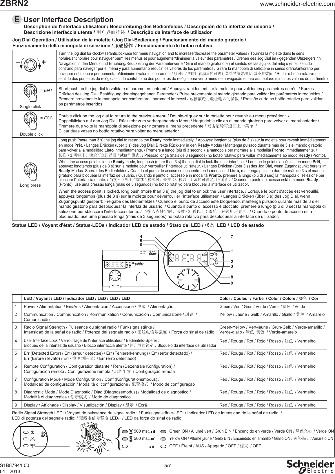 5/7www.schneider-electric.comZBRN2S1B87941 0001 - 2013Turn the jog dial for clockwise/anticlockwise for menu navigation and to increase/decrease the parameter values / Tournez la molette dans le sens horaire/antihoraire pour naviguer parmi les menus et pour augmenter/diminuer la valeur des paramètres / Drehen des Jog Dial im / gegenden Uhrzeigersinn: Navigation in den Menüs und Erhöhung/Reduzierung der Parameterwerte / Gire el mando giratorio en el sentido de las agujas del reloj o en su sentido contrario para navegar por el menú y para aumentar o reducir los valores de los parámetros / Girare la manopola di selezione in senso orario/antiorario per navigare nel menu e per aumentare/diminuire i valori dei parametri / 顺时针/逆时针转动滚轮可进行菜单导航并增大/减小参数值 / Rodar o botão rotativo no sentido dos ponteiros do relógio/sentido contrário ao dos ponteiros do relógio para ver o menu de navegação e para aumentar/diminuir os valores do parâmetroShort push on the jog dial to validate of parameters entered / Appuyez rapidement sur la molette pour valider les paramètres entrés. / Kurzes Drücken des Jog Dial: Bestätigung der eingegebenen Parameter / Pulse brevemente el mando giratorio para validar los parámetros introducidos /Premere brevemente la manopola per confermare i parametri immessi / 短推滚轮可验证输入的参数 / Pressão curta no botão rotativo para validar os parâmetros inseridosDouble click on the jog dial to return to the previous menu / Double-cliquez sur la molette pour revenir au menu précédent. /Doppelklicken auf den Jog Dial: Rückkehr zum vorhergehenden Menü / Haga doble clic en el mando giratorio para volver al menú anterior /Premere due volte la manopola di selezione per ritornare al menu precedente / 双击滚轮可返回上一菜单 /Clicar duas vezes no botão rotativo para voltar ao menu anteriorJog Dial Operation / Utilisation de la molette / Jog Dial-Bedienung / Funcionamiento del mando giratorio / Funzionamento della manopola di selezione / 滚轮操作 / Funcionamento do botão rotativoStatus LED / Voyant d&apos;état / Status-LEDs / Indicador LED de estado / Stato dei LED / 状态 LED / LED de estadoRadio Signal Strength LED: / Voyant de puissance du signal radio : / Funksignalstärke-LED: / Indicador LED de intensidad de la señal de radio: /LED di potenza del segnale radio: / 无线电信号强度 LED：/ LED da força do sinal de rádio:EUser Interface Description N/- L/+24...240VAC/DCErrRemConfDiag456HARMONY24...240VAC/DCN/- L/+Rem DiagConfErr781329Green ON / Allumé vert / Grün EIN / Encendido en verde / Verde ON / 绿色亮起 / Verde ONYellow ON / Allumé jaune / Gelb EIN / Encendido en amarillo / Giallo ON / 黄色亮起 / Amarelo ONOFF / Éteint / AUS / Apagado / OFF / 熄灭 / OFF500 ms:500 ms:Click!+–Long press= ENTSingle click= ESCDouble clickLED / Voyant / LED / Indicador LED / LED / LED / LEDColor / Couleur / Farbe  / Color / Colore / 颜色 / Cor1 Power / Alimentation / Ein/Aus / Alimentación / Accensione / 电源 / AlimentaçãoGreen / Vert / Grün / Verde / Verde / 绿色 / Verde2 Communication / Communication / Kommunikation / Comunicación / Comunicazione / 通讯 /ComunicaçãoYellow / Jaune / Gelb / Amarillo / Giallo / 黄色 / Amarelo3 Radio Signal Strength / Puissance du signal radio / Funksignalstärke / Intensidad de la señal de radio / Potenza del segnale radio / 无线电信号强度 / Força do sinal de rádioGreen-Yellow / Vert-jaune / Grün-Gelb / Verde-amarillo /Verde-giallo / 绿色-黄色 / Verde-amarelo4User Interface Lock / Verrouillage de l&apos;interface utilisateur / Bedienfeld-Sperre / Bloqueo de la interfaz de usuario / Blocco interfaccia utente / 用户界面锁定 / Bloqueio da interface de utilizadorRed / Rouge / Rot / Rojo / Rosso / 红色 / Vermelho5Err (Detected Error) / Err (erreur détectée) / Err (Fehlererkennung) / Err (error detectado) /Err (Errore rilevato) / Err（检测到错误）/ Err (erro detectado)6Remote Configuration / Configuration distante / Rem (Dezentrale Konfiguration) /Configuración remota / Configurazione remota / 远程配置 / Configuração remota7 Configuration Mode / Mode Configuration / Conf (Konfigurationsmodus) /Modalidad de configuración / Modalità di configurazione / 配置模式 / Modo de configuração8 Diagnostic Mode / Mode Diagnostic / Diag (Diagnosemodus) / Modalidad de diagnóstico /Modalità di diagnostica / 诊断模式 / Modo de diagnósticoRed / Rouge / Rot / Rojo / Rosso / 红色 / VermelhoRed / Rouge / Rot / Rojo / Rosso / 红色 / VermelhoRed / Rouge / Rot / Rojo / Rosso / 红色 / Vermelho9 Display / Affichage / Display / Visualización / Display / 显示 / Ecrã Red / Rouge / Rot / Rojo / Rosso / 红色 / VermelhoWhen the access point is in the Ready mode, long push (more than 3 s) the jog dial to lock the user interface. / Lorsque le point d&apos;accès est en mode Prêt, appuyez longtemps (plus de 3 s) sur la molette pour verrouiller l&apos;interface utilisateur. / Langes Drücken (über 3 s) des Jog Dial, wenn Zugangspunkt bereits im Ready-Modus: Sperre des Bedienfeldes / Cuando el punto de acceso se encuentre en la modalidad Listo, mantenga pulsado durante más de 3 s el mando giratorio para bloquear la interfaz de usuario. / Quando il punto di accesso è in modalità Pronto, premere a lungo (più di 3 sec) la manopola di selezione per bloccare l&apos;interfaccia utente. / 当接入点处于“就绪”模式时，长推（3 秒以上）滚轮可锁定用户界面。/ Quando o ponto de acesso está em modo Ready (Pronto), use uma pressão longa (mais de 3 segundos) no botão rotativo para bloquear a interface de utilizador.When the access point is locked, long push (more than 3 s) the jog dial to unlock the user interface. / Lorsque le point d&apos;accès est verrouillé, appuyez longtemps (plus de 3 s) sur la molette pour déverrouiller l&apos;interface utilisateur. / Langes Drücken (über 3 s) des Jog Dial, wenn Zugangspunkt gesperrt: Freigabe des Bedienfeldes / Cuando el punto de acceso esté bloqueado, mantenga pulsado durante más de 3 s el mando giratorio para desbloquear la interfaz de usuario. / Quando il punto di accesso è bloccato, premere a lungo (più di 3 sec) la manopola di selezione per sbloccare l&apos;interfaccia utente. / 当接入点锁定时，长推（3 秒以上）滚轮可解锁用户界面。/ Quando o ponto de acesso está bloqueado, use uma pressão longa (mais de 3 segundos) no botão rotativo para desbloquear a interface de utilizador.Long push (more than 3 s) the jog dial to return to the Ready mode immediately. / Appuyez longtemps (plus de 3 s) sur la molette pour revenir immédiatementen mode Prêt. / Langes Drücken (über 3 s) des Jog Dial: Direkte Rückkehr in den Ready-Modus / Mantenga pulsado durante más de 3 s el mando giratorio para volver a la modalidad Listo inmediatamente. / Premere a lungo (più di 3 secondi) la manopola per ritornare alla modalità Pronto immediatamente. /长推（3 秒以上）滚轮可立即返回“就绪”模式。/ Pressão longa (mais de 3 segundos) no botão rotativo para voltar imediatamente ao modo Ready (Pronto).Red / Rouge / Rot / Rojo / Rosso / 红色 / VermelhoDescription de l&apos;interface utilisateur / Beschreibung des Bedienfeldes / Descripción de la interfaz de usuario / Descrizione interfaccia utente / 用户界面描述 / Descrição da interface de utilizador