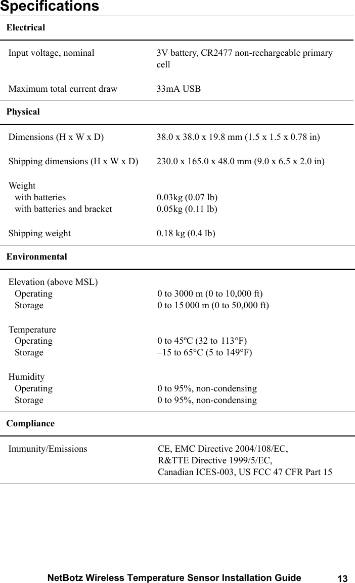 NetBotz Wireless Temperature Sensor Installation Guide 13Specifications Electrical Input voltage, nominal 3V battery, CR2477 non-rechargeable primary cellMaximum total current draw 33mA USBPhysical Dimensions (H x W x D) 38.0 x 38.0 x 19.8 mm (1.5 x 1.5 x 0.78 in)Shipping dimensions (H x W x D) 230.0 x 165.0 x 48.0 mm (9.0 x 6.5 x 2.0 in)Weightwith batterieswith batteries and bracket0.03kg (0.07 lb)0.05kg (0.11 lb)Shipping weight 0.18 kg (0.4 lb)Environmental Elevation (above MSL)OperatingStorage0 to 3000 m (0 to 10,000 ft)0 to 15 000 m (0 to 50,000 ft)TemperatureOperatingStorage0 to 45&ordm;C (32 to 113&deg;F)&ndash;15 to 65&deg;C (5 to 149&deg;F)HumidityOperatingStorage0 to 95%, non-condensing0 to 95%, non-condensingComplianceImmunity/Emissions CE, EMC Directive 2004/108/EC, R&amp;TTE Directive 1999/5/EC, Canadian ICES-003, US FCC 47 CFR Part 15