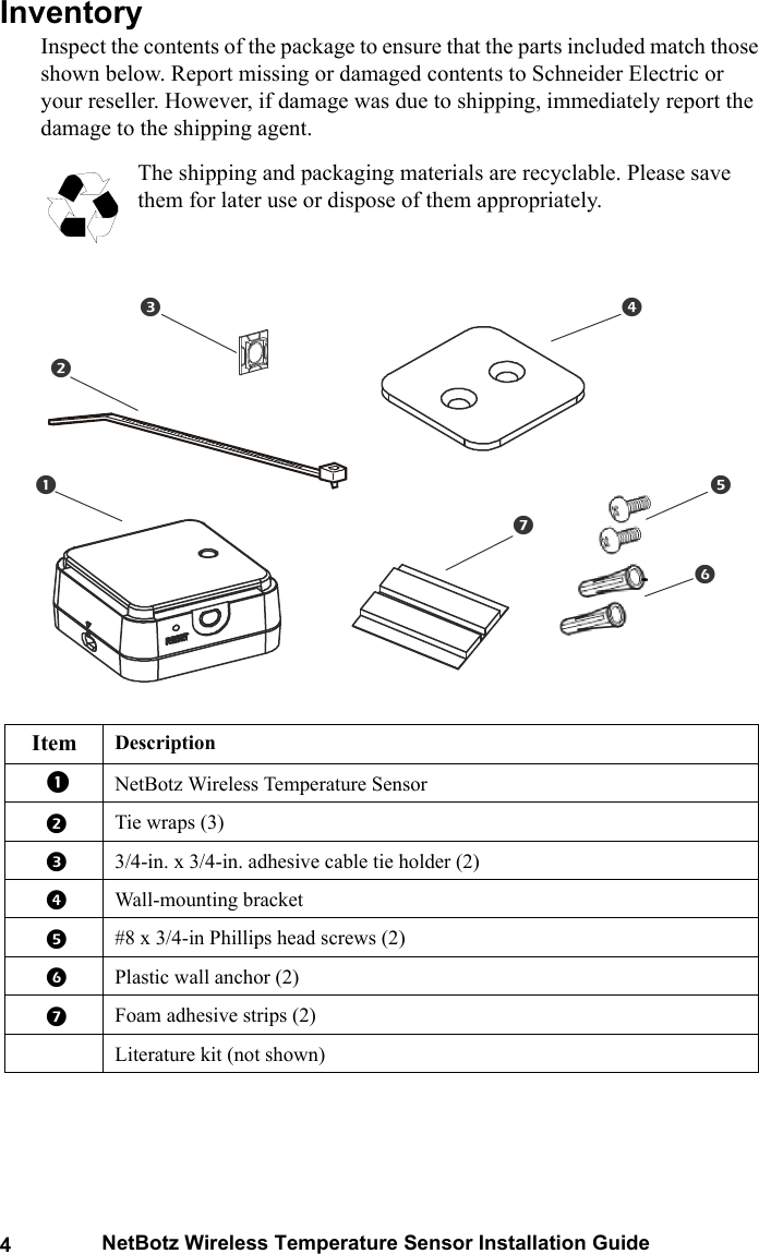 4NetBotz Wireless Temperature Sensor Installation GuideInventoryInspect the contents of the package to ensure that the parts included match those shown below. Report missing or damaged contents to Schneider Electric or your reseller. However, if damage was due to shipping, immediately report the damage to the shipping agent.The shipping and packaging materials are recyclable. Please save them for later use or dispose of them appropriately.Item DescriptionNetBotz Wireless Temperature SensorTie wraps (3)3/4-in. x 3/4-in. adhesive cable tie holder (2)Wall-mounting bracket#8 x 3/4-in Phillips head screws (2)Plastic wall anchor (2)Foam adhesive strips (2)Literature kit (not shown)