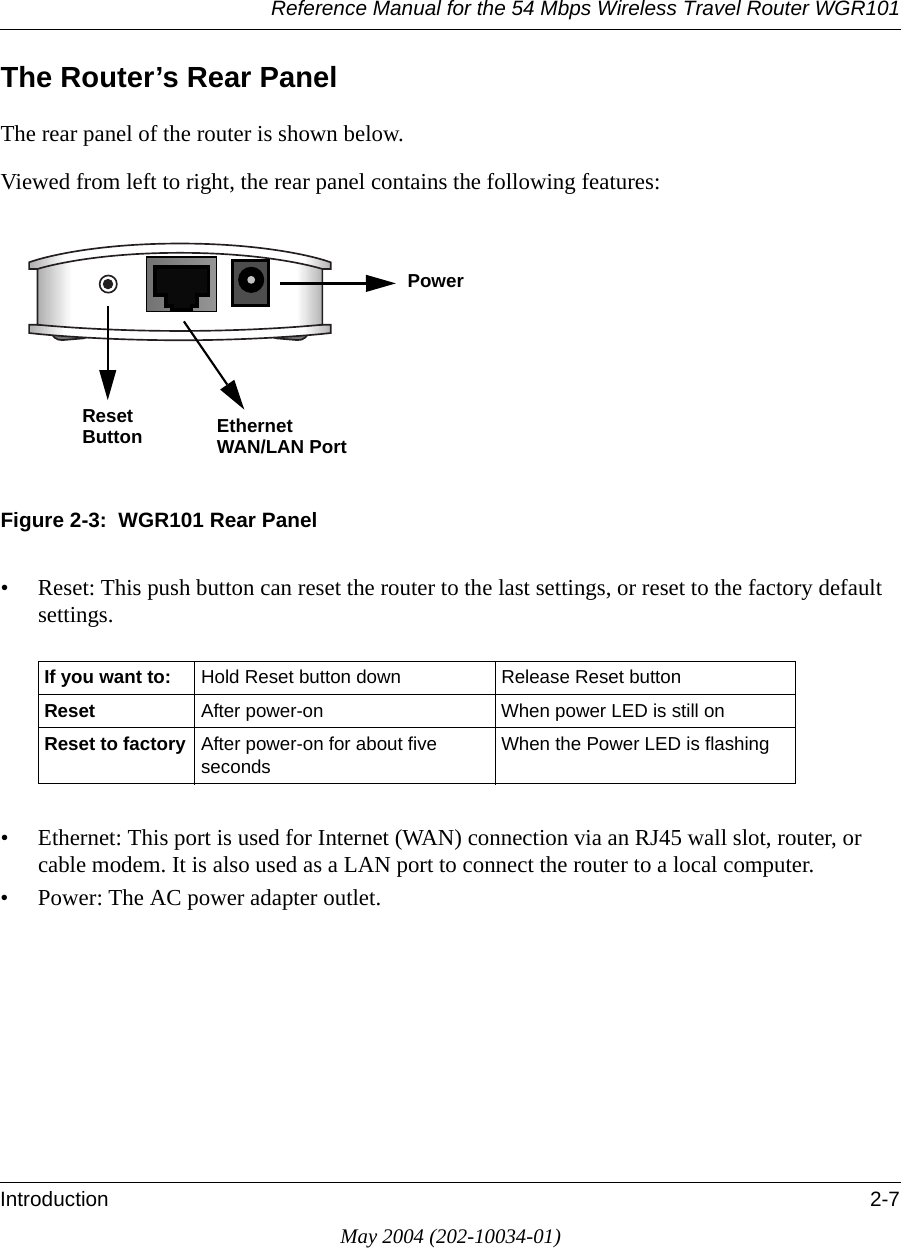 Reference Manual for the 54 Mbps Wireless Travel Router WGR101Introduction 2-7May 2004 (202-10034-01)The Router&rsquo;s Rear PanelThe rear panel of the router is shown below.Viewed from left to right, the rear panel contains the following features:Figure 2-3:  WGR101 Rear Panel&bull; Reset: This push button can reset the router to the last settings, or reset to the factory default settings.&bull; Ethernet: This port is used for Internet (WAN) connection via an RJ45 wall slot, router, or cable modem. It is also used as a LAN port to connect the router to a local computer.&bull; Power: The AC power adapter outlet.If you want to: Hold Reset button down Release Reset buttonReset After power-on When power LED is still onReset to factory After power-on for about five seconds When the Power LED is flashingPowerEthernetResetWAN/LAN PortButton