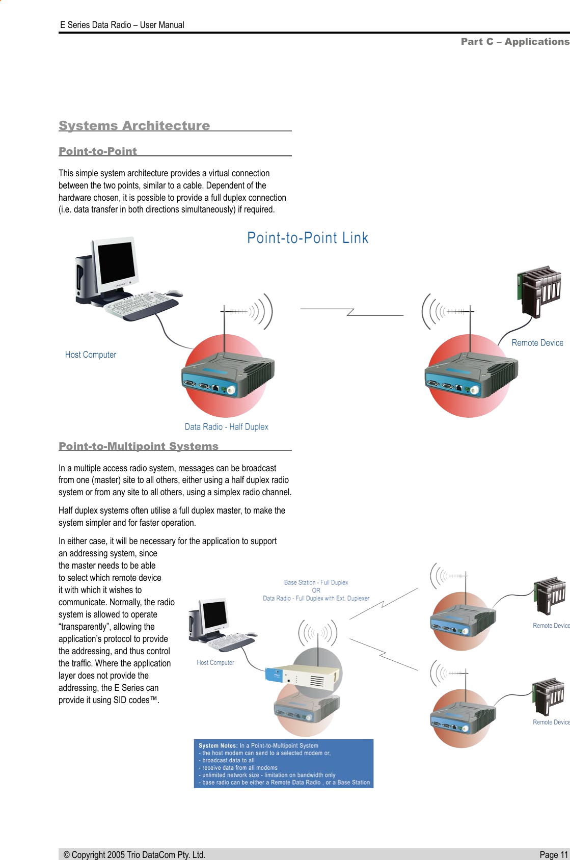 Page 11  E Series Data Radio – User Manual © Copyright 2005 Trio DataCom Pty. Ltd.Part C – ApplicationsSystems ArchitecturePoint-to-PointThis simple system architecture provides a virtual connection between the two points, similar to a cable. Dependent of the hardware chosen, it is possible to provide a full duplex connection (i.e. data transfer in both directions simultaneously) if required.Point-to-Multipoint SystemsIn a multiple access radio system, messages can be broadcast from one (master) site to all others, either using a half duplex radio system or from any site to all others, using a simplex radio channel.Half duplex systems often utilise a full duplex master, to make the system simpler and for faster operation.In either case, it will be necessary for the application to support an addressing system, since the master needs to be able to select which remote device it with which it wishes to communicate. Normally, the radio system is allowed to operate “transparently”, allowing the application’s protocol to provide the addressing, and thus control the trafﬁc. Where the application layer does not provide the addressing, the E Series can provide it using SID codes™. 