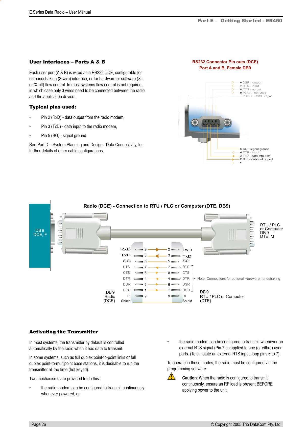   Page 26E Series Data Radio – User Manual© Copyright 2005 Trio DataCom Pty. Ltd. Part E –  Getting Started - ER450User Interfaces – Ports A &amp; BEach user port (A &amp; B) is wired as a RS232 DCE, conﬁgurable for no handshaking (3-wire) interface, or for hardware or software (X-on/X-off) ﬂow control. In most systems ﬂow control is not required, in which case only 3 wires need to be connected between the radio and the application device. Typical pins used:•  Pin 2 (RxD) - data output from the radio modem, •  Pin 3 (TxD) - data input to the radio modem, •  Pin 5 (SG) - signal ground.See Part D – System Planning and Design - Data Connectivity, for further details of other cable conﬁgurations.RS232 Connector Pin outs (DCE) Port A and B, Female DB9Activating the TransmitterIn most systems, the transmitter by default is controlled automatically by the radio when it has data to transmit. In some systems, such as full duplex point-to-point links or full duplex point-to-multipoint base stations, it is desirable to run the transmitter all the time (hot keyed).Two mechanisms are provided to do this:•  the radio modem can be conﬁgured to transmit continuously whenever powered, or•  the radio modem can be conﬁgured to transmit whenever an external RTS signal (Pin 7) is applied to one (or either) user ports. (To simulate an external RTS input, loop pins 6 to 7). To operate in these modes, the radio must be conﬁgured via the programming software.  Caution: When the radio is conﬁgured to transmit continuously, ensure an RF load is present BEFORE applying power to the unit.