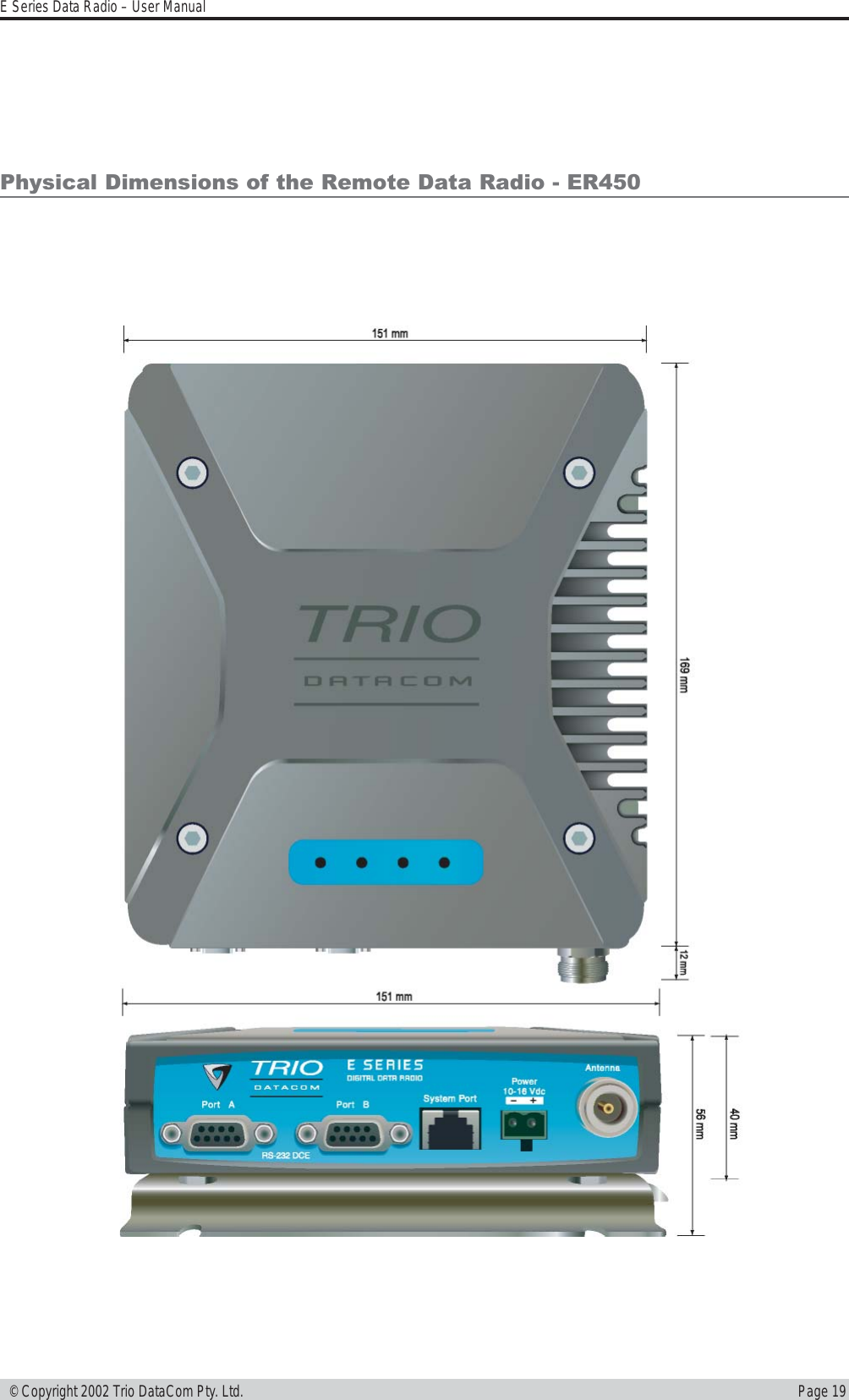 Page 19E Series Data Radio – User Manual © Copyright 2002 Trio DataCom Pty. Ltd.Physical Dimensions of the Remote Data Radio - ER450