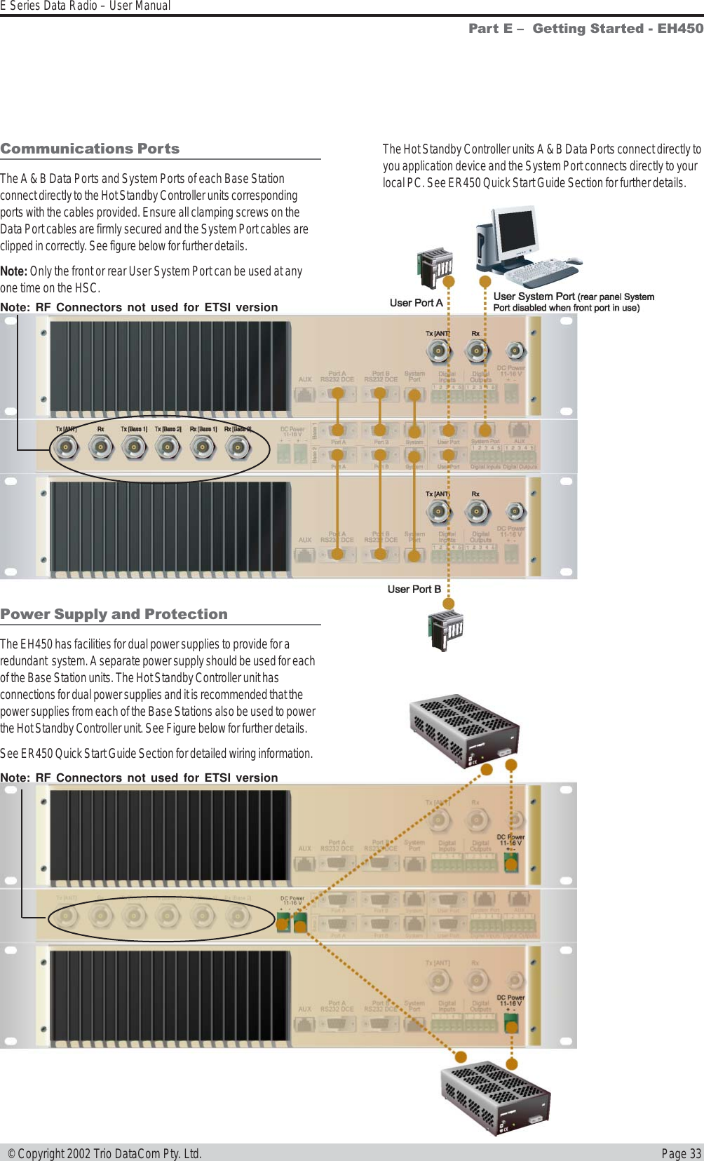 Page 33E Series Data Radio – User Manual © Copyright 2002 Trio DataCom Pty. Ltd.Communications PortsThe A &amp; B Data Ports and System Ports of each Base Stationconnect directly to the Hot Standby Controller units correspondingports with the cables provided. Ensure all clamping screws on theData Port cables are firmly secured and the System Port cables areclipped in correctly. See figure below for further details.Note: Only the front or rear User System Port can be used at anyone time on the HSC.Power Supply and ProtectionThe EH450 has facilities for dual power supplies to provide for aredundant  system. A separate power supply should be used for eachof the Base Station units. The Hot Standby Controller unit hasconnections for dual power supplies and it is recommended that thepower supplies from each of the Base Stations also be used to powerthe Hot Standby Controller unit. See Figure below for further details.See ER450 Quick Start Guide Section for detailed wiring information.The Hot Standby Controller units A &amp; B Data Ports connect directly toyou application device and the System Port connects directly to yourlocal PC. See ER450 Quick Start Guide Section for further details.Part E   Getting Started - EH450Note: RF Connectors not used for ETSI versionNote: RF Connectors not used for ETSI version