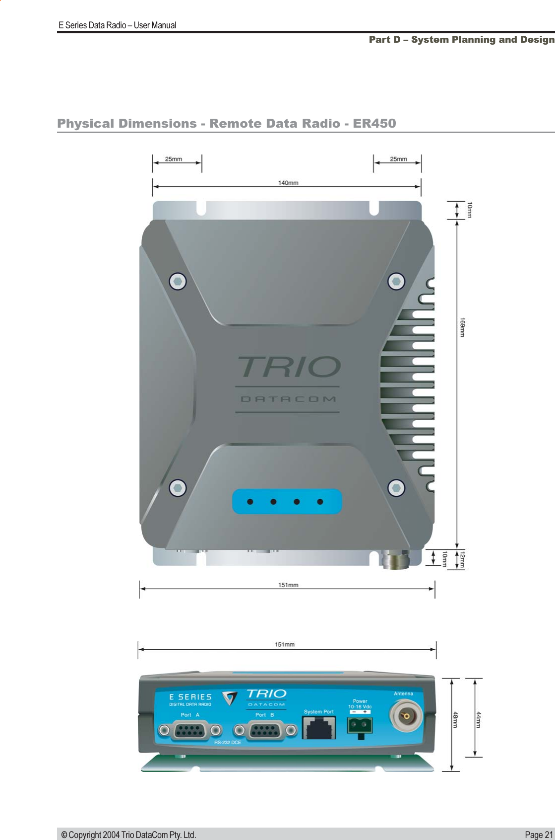 Page 21E Series Data Radio  User Manual © Copyright 2004 Trio DataCom Pty. Ltd.Physical Dimensions - Remote Data Radio - ER450Part D  System Planning and Design