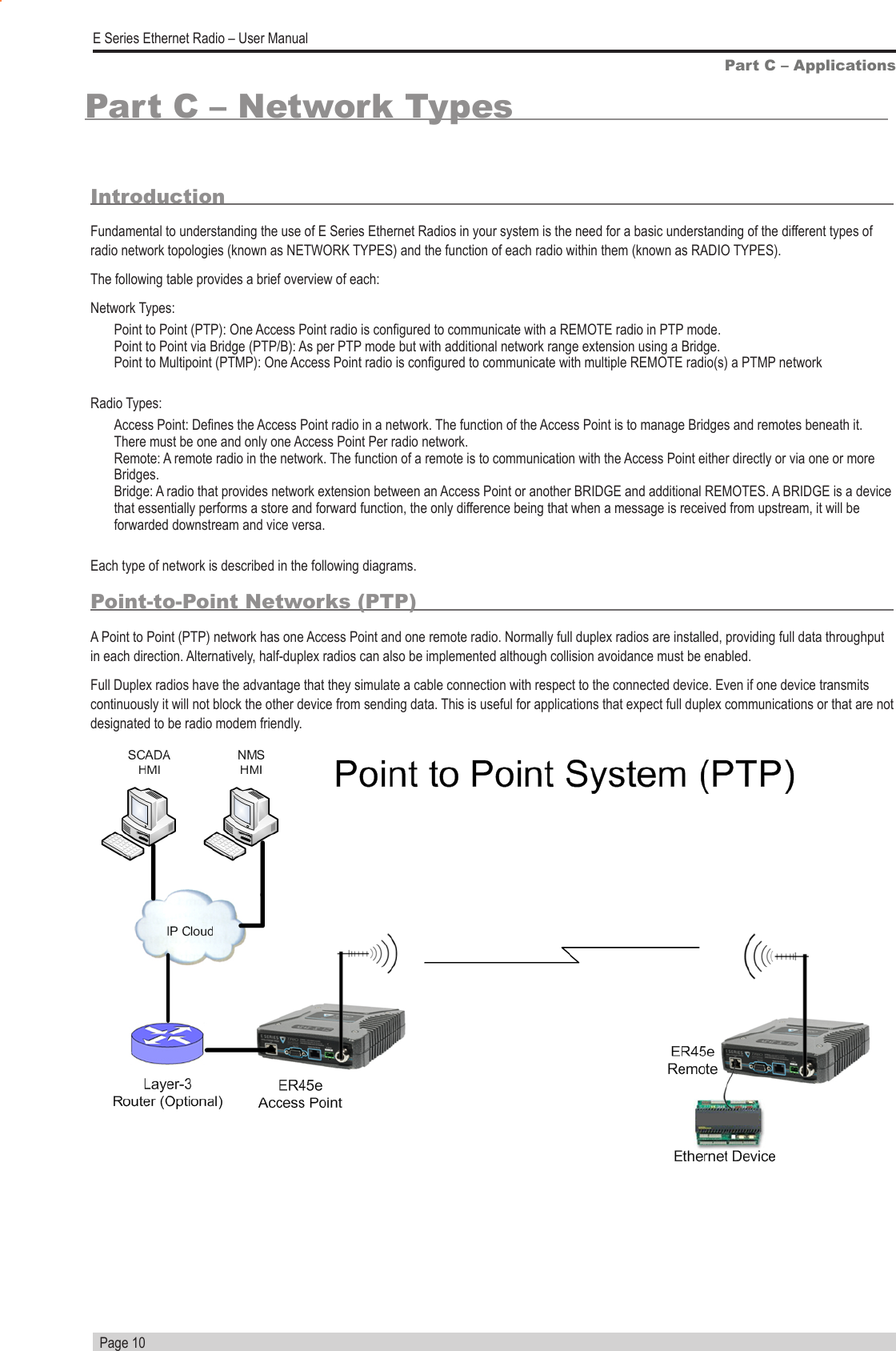   Page 10E Series Ethernet Radio – User ManualPart C – ApplicationsIntroduction Fundamental to understanding the use of E Series Ethernet Radios in your system is the need for a basic understanding of the different types of radio network topologies (known as NETWORK TYPES) and the function of each radio within them (known as RADIO TYPES). The following table provides a brief overview of each:Network Types:Point to Point (PTP): One Access Point radio is congured to communicate with a REMOTE radio in PTP mode. Point to Point via Bridge (PTP/B): As per PTP mode but with additional network range extension using a Bridge.Point to Multipoint (PTMP): One Access Point radio is congured to communicate with multiple REMOTE radio(s) a PTMP network Radio Types:Access Point: Denes the Access Point radio in a network. The function of the Access Point is to manage Bridges and remotes beneath it. There must be one and only one Access Point Per radio network.Remote: A remote radio in the network. The function of a remote is to communication with the Access Point either directly or via one or more Bridges.Bridge: A radio that provides network extension between an Access Point or another BRIDGE and additional REMOTES. A BRIDGE is a device that essentially performs a store and forward function, the only difference being that when a message is received from upstream, it will be forwarded downstream and vice versa. Each type of network is described in the following diagrams. Point-to-Point Networks (PTP)A Point to Point (PTP) network has one Access Point and one remote radio. Normally full duplex radios are installed, providing full data throughput in each direction. Alternatively, half-duplex radios can also be implemented although collision avoidance must be enabled.Full Duplex radios have the advantage that they simulate a cable connection with respect to the connected device. Even if one device transmits continuously it will not block the other device from sending data. This is useful for applications that expect full duplex communications or that are not designated to be radio modem friendly.  Part C – Network Types