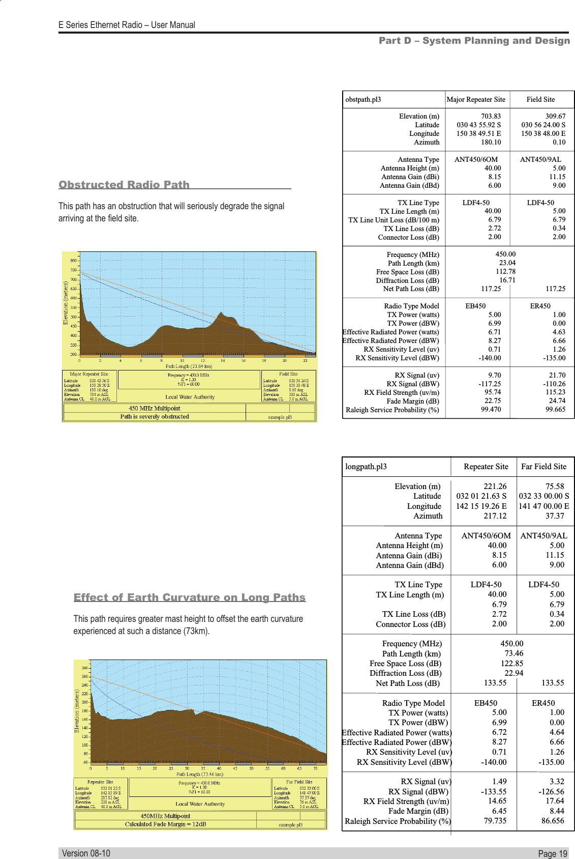 Page  19  E Series Ethernet Radio – User ManualVersion 08-10Obstructed Radio PathThis path has an obstruction that will seriously degrade the signal arriving at the eld site. obstpath.pl3 Major Repeater Site Field Site Elevation (m) 703.83 309.67 Latitude 030 43 55.92 S 030 56 24.00 S Longitude 150 38 49.51 E 150 38 48.00 E Azimuth 180.10 0.10 Antenna Type ANT450/6OM ANT450/9AL Antenna Height (m) 40.00 5.00 Antenna Gain (dBi) 8.15 11.15 Antenna Gain (dBd) 6.00 9.00 TX Line Type LDF4-50 LDF4-50 TX Line Length (m) 40.00 5.00 TX Line Unit Loss (dB/100 m) 6.79 6.79 TX Line Loss (dB) 2.72 0.34 Connector Loss (dB) 2.00 2.00 Frequency (MHz) 450.00 Path Length (km) 23.04 Free Space Loss (dB) 112.78 Diffraction Loss (dB) 16.71 Net Path Loss (dB) 117.25 117.25 Radio Type Model EB450 ER450 TX Power (watts) 5.00 1.00 TX Power (dBW) 6.99 0.00 Effective Radiated Power (watts) 6.71 4.63 Effective Radiated Power (dBW) 8.27 6.66 RX Sensitivity Level (uv) 0.71 1.26 RX Sensitivity Level (dBW) -140.00 -135.00 RX Signal (uv) 9.70 21.70 RX Signal (dBW) -117.25 -110.26 RX Field Strength (uv/m) 95.74 115.23 Fade Margin (dB) 22.75 24.74 Raleigh Service Probability (%) 99.470 99.665 Part D – System Planning and DesignEffect of Earth Curvature on Long PathsThis path requires greater mast height to offset the earth curvature experienced at such a distance (73km). longpath.pl3 Repeater Site Far Field Site Elevation (m) 221.26 75.58 Latitude 032 01 21.63 S 032 33 00.00 S Longitude 142 15 19.26 E 141 47 00.00 E Azimuth 217.12 37.37 Antenna Type ANT450/6OM ANT450/9AL Antenna Height (m) 40.00 5.00 Antenna Gain (dBi) 8.15 11.15 Antenna Gain (dBd) 6.00 9.00 TX Line Type LDF4-50 LDF4-50 TX Line Length (m) 40.00 5.00 6.79 6.79 TX Line Loss (dB) 2.72 0.34 Connector Loss (dB) 2.00 2.00 Frequency (MHz) 450.00 Path Length (km) 73.46 Free Space Loss (dB) 122.85 Diffraction Loss (dB) 22.94 Net Path Loss (dB) 133.55 133.55 Radio Type Model EB450 ER450 TX Power (watts) 5.00 1.00 TX Power (dBW) 6.99 0.00 Effective Radiated Power (watts) 6.72 4.64 Effective Radiated Power (dBW) 8.27 6.66 RX Sensitivity Level (uv) 0.71 1.26 RX Sensitivity Level (dBW) -140.00 -135.00 RX Signal (uv) 1.49 3.32 RX Signal (dBW) -133.55 -126.56 RX Field Strength (uv/m) 14.65 17.64 Fade Margin (dB) 6.45 8.44 Raleigh Service Probability (%) 79.735 86.656 