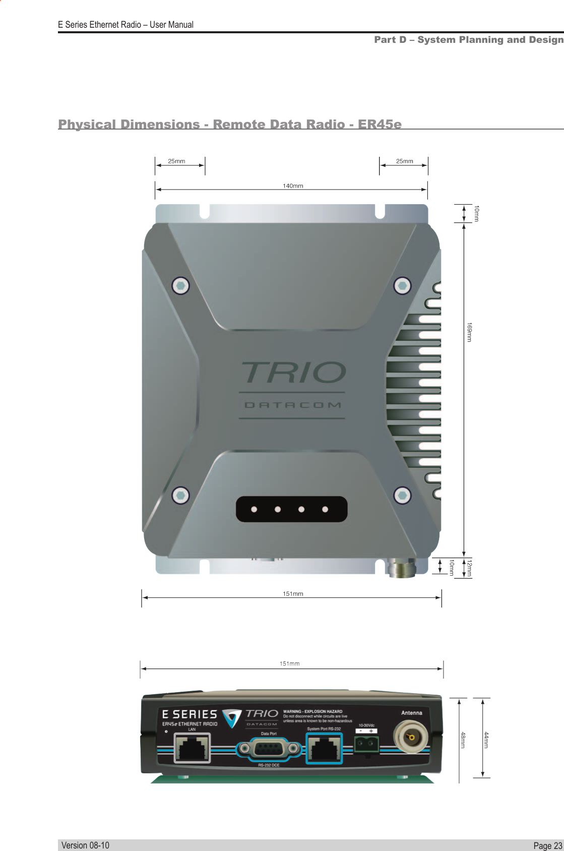 Page  23  E Series Ethernet Radio – User ManualVersion 08-10Physical Dimensions - Remote Data Radio - ER45ePart D – System Planning and Design