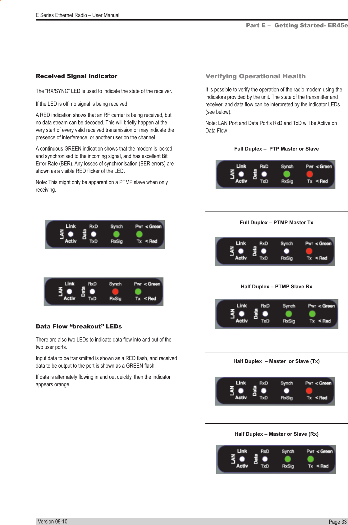 Page  33  E Series Ethernet Radio – User ManualVersion 08-10Part E –  Getting Started- ER45eReceived Signal IndicatorThe “RX/SYNC” LED is used to indicate the state of the receiver.  If the LED is off, no signal is being received.A RED indication shows that an RF carrier is being received, but no data stream can be decoded. This will briey happen at the very start of every valid received transmission or may indicate the presence of interference, or another user on the channel.A continuous GREEN indication shows that the modem is locked and synchronised to the incoming signal, and has excellent Bit Error Rate (BER). Any losses of synchronisation (BER errors) are shown as a visible RED icker of the LED. Note: This might only be apparent on a PTMP slave when only receiving.Verifying Operational HealthIt is possible to verify the operation of the radio modem using the indicators provided by the unit. The state of the transmitter and receiver, and data ow can be interpreted by the indicator LEDs (see below).Note: LAN Port and Data Port’s RxD and TxD will be Active on Data FlowData Flow “breakout” LEDsThere are also two LEDs to indicate data ow into and out of the two user ports.Input data to be transmitted is shown as a RED ash, and received data to be output to the port is shown as a GREEN ash.If data is alternately owing in and out quickly, then the indicator appears orange.Full Duplex – PTMP Master TxHalf Duplex  – Master  or Slave (Tx)Half Duplex – PTMP Slave RxHalf Duplex – Master or Slave (Rx)Full Duplex –  PTP Master or Slave