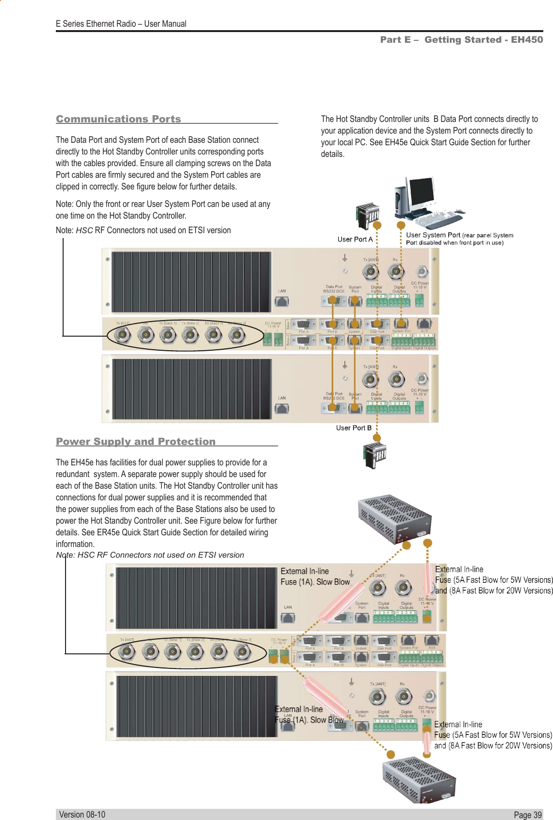 Page  39  E Series Ethernet Radio – User ManualVersion 08-10Communications PortsThe Data Port and System Port of each Base Station connect directly to the Hot Standby Controller units corresponding ports with the cables provided. Ensure all clamping screws on the Data Port cables are rmly secured and the System Port cables are clipped in correctly. See gure below for further details.Note: Only the front or rear User System Port can be used at any one time on the Hot Standby Controller.Power Supply and ProtectionThe EH45e has facilities for dual power supplies to provide for a redundant  system. A separate power supply should be used for each of the Base Station units. The Hot Standby Controller unit has connections for dual power supplies and it is recommended that the power supplies from each of the Base Stations also be used to power the Hot Standby Controller unit. See Figure below for further details. See ER45e Quick Start Guide Section for detailed wiring information.The Hot Standby Controller units  B Data Port connects directly to your application device and the System Port connects directly to your local PC. See EH45e Quick Start Guide Section for further details.Part E –  Getting Started - EH450Note: HSC RF Connectors not used on ETSI versionNote: HSC RF Connectors not used on ETSI version