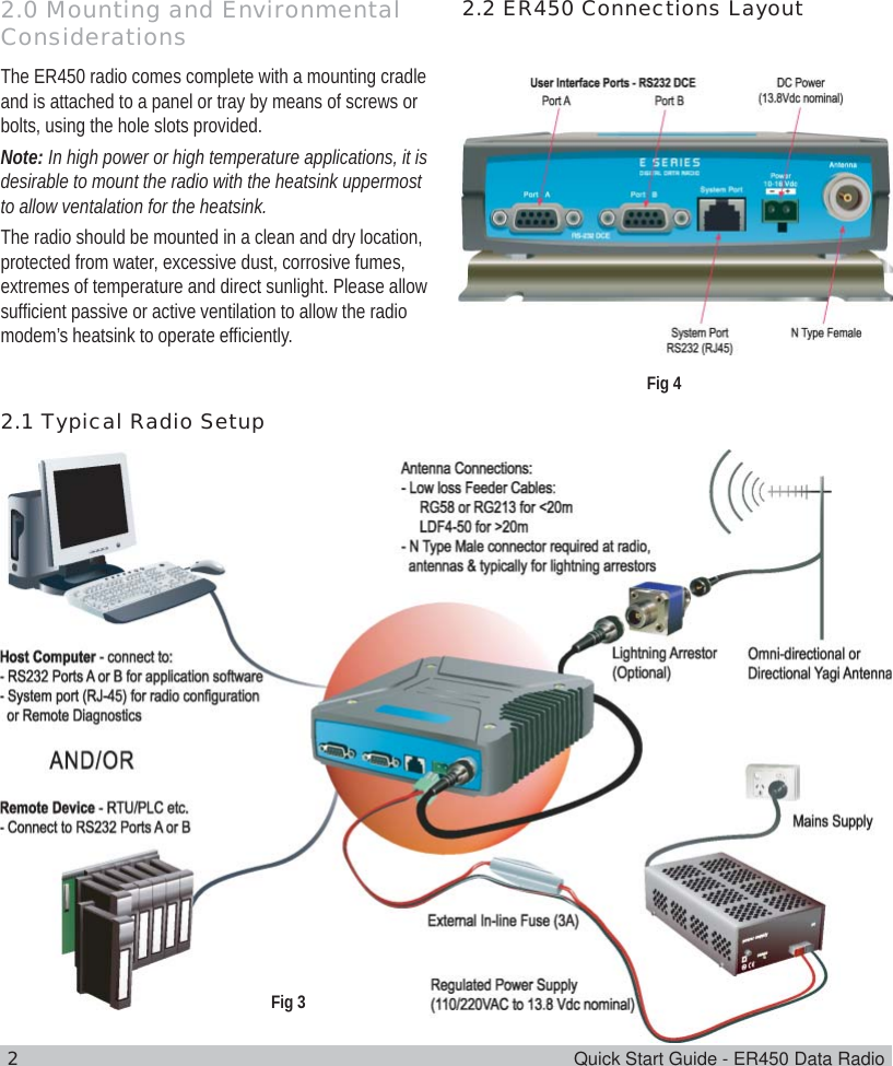 2Quick Start Guide - ER450 Data Radio2.1 Typical Radio Setup2.0 Mounting and EnvironmentalConsiderationsThe ER450 radio comes complete with a mounting cradleand is attached to a panel or tray by means of screws orbolts, using the hole slots provided.Note: In high power or high temperature applications, it isdesirable to mount the radio with the heatsink uppermostto allow ventalation for the heatsink.The radio should be mounted in a clean and dry location,protected from water, excessive dust, corrosive fumes,extremes of temperature and direct sunlight. Please allowsufficient passive or active ventilation to allow the radiomodem’s heatsink to operate efficiently.2.2 ER450 Connections LayoutFig 4Fig 3