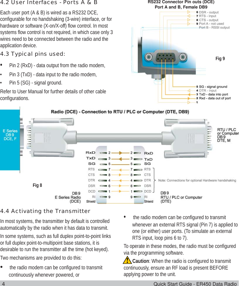 4Quick Start Guide - ER450 Data Radio4.2 User Interfaces - Ports A &amp; BEach user port (A &amp; B) is wired as a RS232 DCE,configurable for no handshaking (3-wire) interface, or forhardware or software (X-on/X-off) flow control. In mostsystems flow control is not required, in which case only 3wires need to be connected between the radio and theapplication device.4.3 Typical pins used:•Pin 2 (RxD) - data output from the radio modem,• Pin 3 (TxD) - data input to the radio modem,• Pin 5 (SG) - signal ground.Refer to User Manual for further details of other cableconfigurations.RS232 Connector Pin outs (DCE)Port A and B, Female DB94.4 Activating the TransmitterIn most systems, the transmitter by default is controlledautomatically by the radio when it has data to transmit.In some systems, such as full duplex point-to-point linksor full duplex point-to-multipoint base stations, it isdesirable to run the transmitter all the time (hot keyed).Two mechanisms are provided to do this:•the radio modem can be configured to transmitcontinuously whenever powered, or•the radio modem can be configured to transmitwhenever an external RTS signal (Pin 7) is applied toone (or either) user ports. (To simulate an externalRTS input, loop pins 6 to 7).To operate in these modes, the radio must be configuredvia the programming software.Caution: When the radio is configured to transmitcontinuously, ensure an RF load is present BEFOREapplying power to the unit.Fig 8Fig 9