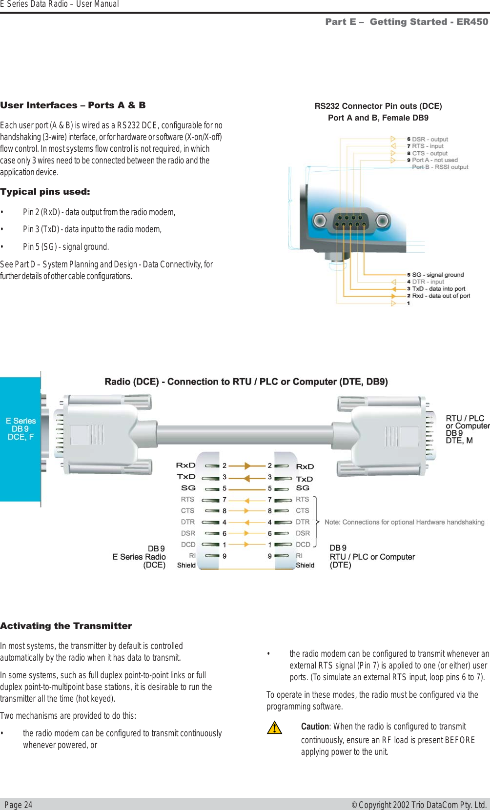   Page 24E Series Data Radio – User Manual© Copyright 2002 Trio DataCom Pty. Ltd.Part E   Getting Started - ER450User Interfaces  Ports A &amp; BEach user port (A &amp; B) is wired as a RS232 DCE, configurable for nohandshaking (3-wire) interface, or for hardware or software (X-on/X-off)flow control. In most systems flow control is not required, in whichcase only 3 wires need to be connected between the radio and theapplication device.Typical pins used:• Pin 2 (RxD) - data output from the radio modem,• Pin 3 (TxD) - data input to the radio modem,• Pin 5 (SG) - signal ground.See Part D – System Planning and Design - Data Connectivity, forfurther details of other cable configurations.RS232 Connector Pin outs (DCE)Port A and B, Female DB9Activating the TransmitterIn most systems, the transmitter by default is controlledautomatically by the radio when it has data to transmit.In some systems, such as full duplex point-to-point links or fullduplex point-to-multipoint base stations, it is desirable to run thetransmitter all the time (hot keyed).Two mechanisms are provided to do this:• the radio modem can be configured to transmit continuouslywhenever powered, or• the radio modem can be configured to transmit whenever anexternal RTS signal (Pin 7) is applied to one (or either) userports. (To simulate an external RTS input, loop pins 6 to 7).To operate in these modes, the radio must be configured via theprogramming software.Caution: When the radio is configured to transmitcontinuously, ensure an RF load is present BEFOREapplying power to the unit.