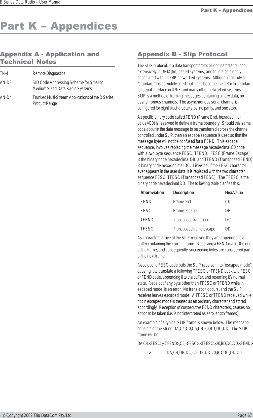 Page 67E Series Data Radio – User Manual © Copyright 2002 Trio DataCom Pty. Ltd.Appendix A - Application andTechnical NotesTN-4 Remote DiagnosticsAN-D3 SID Code Addressing Scheme for Small toMedium Sized Data Radio SystemsAN-D4 Trunked Multi-Stream Applications of the D SeriesProduct RangePart K  AppendicesPart K  AppendicesAppendix B - Slip ProtocolThe SLIP protocol, is a data transport protocol, originated and usedextensively in UNIX(tm) based systems, and thus also closelyassociated with TCP/IP networked systems.  Although not truly a“standard” it is so widely used that it has become the defacto standardfor serial interface in UNIX and many other networked systems.SLIP is a method of framing messages containing binary data, onasynchronous channels.  The asynchronous serial channel isconfigured for eight bit character size, no parity, and one stop.A specific binary code called FEND (Frame End, hexadecimalvalue=C0) is reserved to define a frame boundary.  Should this samecode occur in the data message to be transferred across the channelcontrolled under SLIP, then an escape sequence is used so that themessage byte will not be confused for a FEND.  This escapesequence, involves replacing the message hexadecimal C0 codewith a two byte sequence FESC, TFEND.  FESC (Frame Escape)is the binary code hexadecimal DB, and TFEND (Transposed FEND)is binary code hexadecimal DC.  Likewise, if the FESC characterever appears in the user data, it is replaced with the two charactersequence FESC, TFESC (Transposed FESC).  The TFESC is thebinary code hexadecimal DD.  The following table clarifies this.Abbreviation Description Hex.ValueFEND Frame end C0FESC Frame escape DBTFEND Transposed frame end DCTFESC Transposed frame escape DDAs characters arrive at the SLIP receiver, they are appended to abuffer containing the current frame.  Receiving a FEND marks the endof the frame, and consequently, succeeding bytes are considered partof the next frame.Receipt of a FESC code puts the SLIP receiver into “escaped mode”,causing it to translate a following TFESC or TFEND back to a FESCor FEND code, appending it to the buffer, and resuming it’s normalstate.  Receipt of any byte other than TFESC or TFEND while inescaped mode, is an error.  No translation occurs, and the SLIPreceiver leaves escaped mode.  A TFESC or TFEND received whilenot in escaped mode is treated as an ordinary character and storedaccordingly.  Reception of consecutive FEND characters, causes noaction to be taken (i.e. is not interpreted as zero length frames).An example of a typical SLIP frame is shown below.  The messageconsists of the string DA,C4,C0,C5,DB,20,BD,DC,DD.  The SLIPframe will be:-DA,C4,&lt;FESC&gt;,&lt;TFEND&gt;,C5,&lt;FESC&gt;,&lt;TFESC&gt;,20,BD,DC,DD,&lt;FEND&gt;     ==&gt;            DA,C4,DB,DC,C5,DB,DD,20,BD,DC,DD,C0