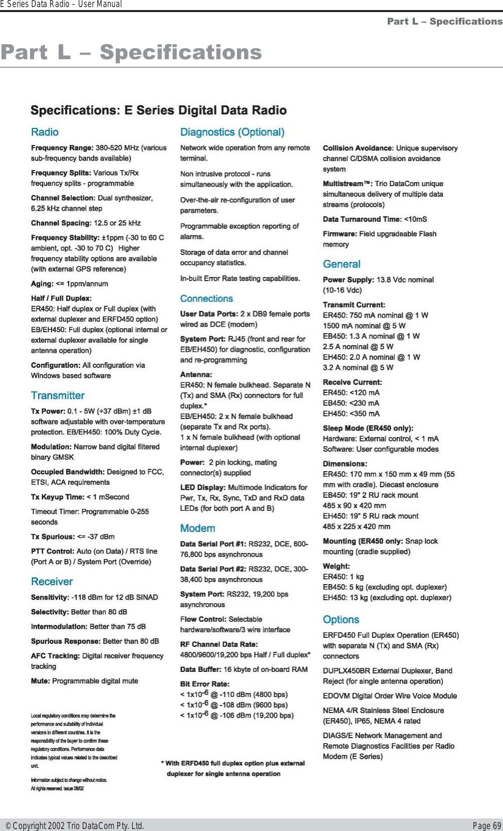 Page 69E Series Data Radio – User Manual © Copyright 2002 Trio DataCom Pty. Ltd.Part L  SpecificationsPart L  Specifications