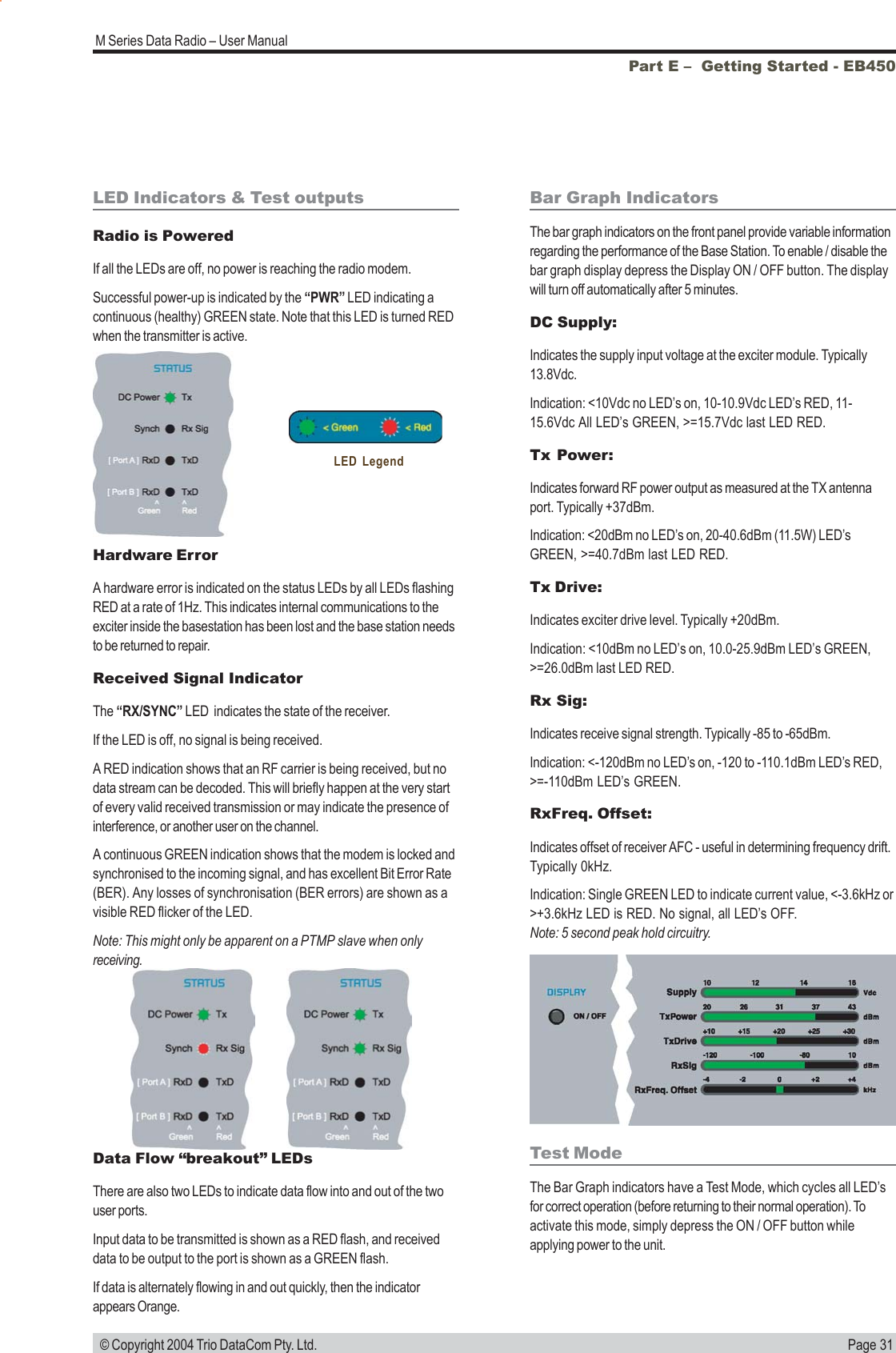 Page 31M Series Data Radio – User Manual © Copyright 2004 Trio DataCom Pty. Ltd.Bar Graph IndicatorsThe bar graph indicators on the front panel provide variable informationregarding the performance of the Base Station. To enable / disable thebar graph display depress the Display ON / OFF button. The displaywill turn off automatically after 5 minutes.DC Supply:Indicates the supply input voltage at the exciter module. Typically13.8Vdc.Indication: &lt;10Vdc no LED’s on, 10-10.9Vdc LED’s RED, 11-15.6Vdc All LED’s GREEN, &gt;=15.7Vdc last LED RED.Tx Power:Indicates forward RF power output as measured at the TX antennaport. Typically +37dBm.Indication: &lt;20dBm no LED’s on, 20-40.6dBm (11.5W) LED’sGREEN, &gt;=40.7dBm last LED RED.Tx Drive:Indicates exciter drive level. Typically +20dBm.Indication: &lt;10dBm no LED’s on, 10.0-25.9dBm LED’s GREEN,&gt;=26.0dBm last LED RED.Rx Sig:Indicates receive signal strength. Typically -85 to -65dBm.Indication: &lt;-120dBm no LED’s on, -120 to -110.1dBm LED’s RED,&gt;=-110dBm LED’s GREEN.RxFreq. Offset:Indicates offset of receiver AFC - useful in determining frequency drift.Typically 0kHz.Indication: Single GREEN LED to indicate current value, &lt;-3.6kHz or&gt;+3.6kHz LED is RED. No signal, all LED’s OFF.Note: 5 second peak hold circuitry.Part E –  Getting Started - EB450Test ModeThe Bar Graph indicators have a Test Mode, which cycles all LED’sfor correct operation (before returning to their normal operation). Toactivate this mode, simply depress the ON / OFF button whileapplying power to the unit.Hardware ErrorA hardware error is indicated on the status LEDs by all LEDs flashingRED at a rate of 1Hz. This indicates internal communications to theexciter inside the basestation has been lost and the base station needsto be returned to repair.Received Signal IndicatorThe “RX/SYNC” LED  indicates the state of the receiver.If the LED is off, no signal is being received.A RED indication shows that an RF carrier is being received, but nodata stream can be decoded. This will briefly happen at the very startof every valid received transmission or may indicate the presence ofinterference, or another user on the channel.A continuous GREEN indication shows that the modem is locked andsynchronised to the incoming signal, and has excellent Bit Error Rate(BER). Any losses of synchronisation (BER errors) are shown as avisible RED flicker of the LED.Note: This might only be apparent on a PTMP slave when onlyreceiving.Data Flow “breakout” LEDsThere are also two LEDs to indicate data flow into and out of the twouser ports.Input data to be transmitted is shown as a RED flash, and receiveddata to be output to the port is shown as a GREEN flash.If data is alternately flowing in and out quickly, then the indicatorappears Orange.LED Indicators &amp; Test outputsRadio is PoweredIf all the LEDs are off, no power is reaching the radio modem.Successful power-up is indicated by the “PWR” LED indicating acontinuous (healthy) GREEN state. Note that this LED is turned REDwhen the transmitter is active.LED Legend