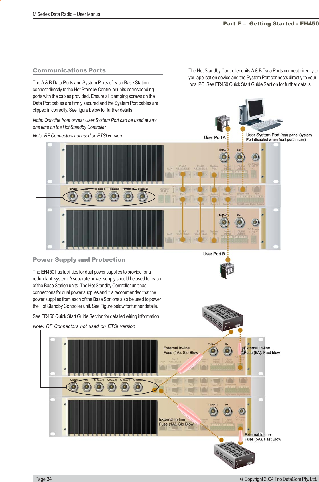   Page 34M Series Data Radio – User Manual© Copyright 2004 Trio DataCom Pty. Ltd.Communications PortsThe A &amp; B Data Ports and System Ports of each Base Stationconnect directly to the Hot Standby Controller units correspondingports with the cables provided. Ensure all clamping screws on theData Port cables are firmly secured and the System Port cables areclipped in correctly. See figure below for further details.Note: Only the front or rear User System Port can be used at anyone time on the Hot Standby Controller.Power Supply and ProtectionThe EH450 has facilities for dual power supplies to provide for aredundant  system. A separate power supply should be used for eachof the Base Station units. The Hot Standby Controller unit hasconnections for dual power supplies and it is recommended that thepower supplies from each of the Base Stations also be used to powerthe Hot Standby Controller unit. See Figure below for further details.See ER450 Quick Start Guide Section for detailed wiring information.The Hot Standby Controller units A &amp; B Data Ports connect directly toyou application device and the System Port connects directly to yourlocal PC. See ER450 Quick Start Guide Section for further details.Part E –  Getting Started - EH450Note: RF Connectors not used on ETSI versionNote: RF Connectors not used on ETSI version