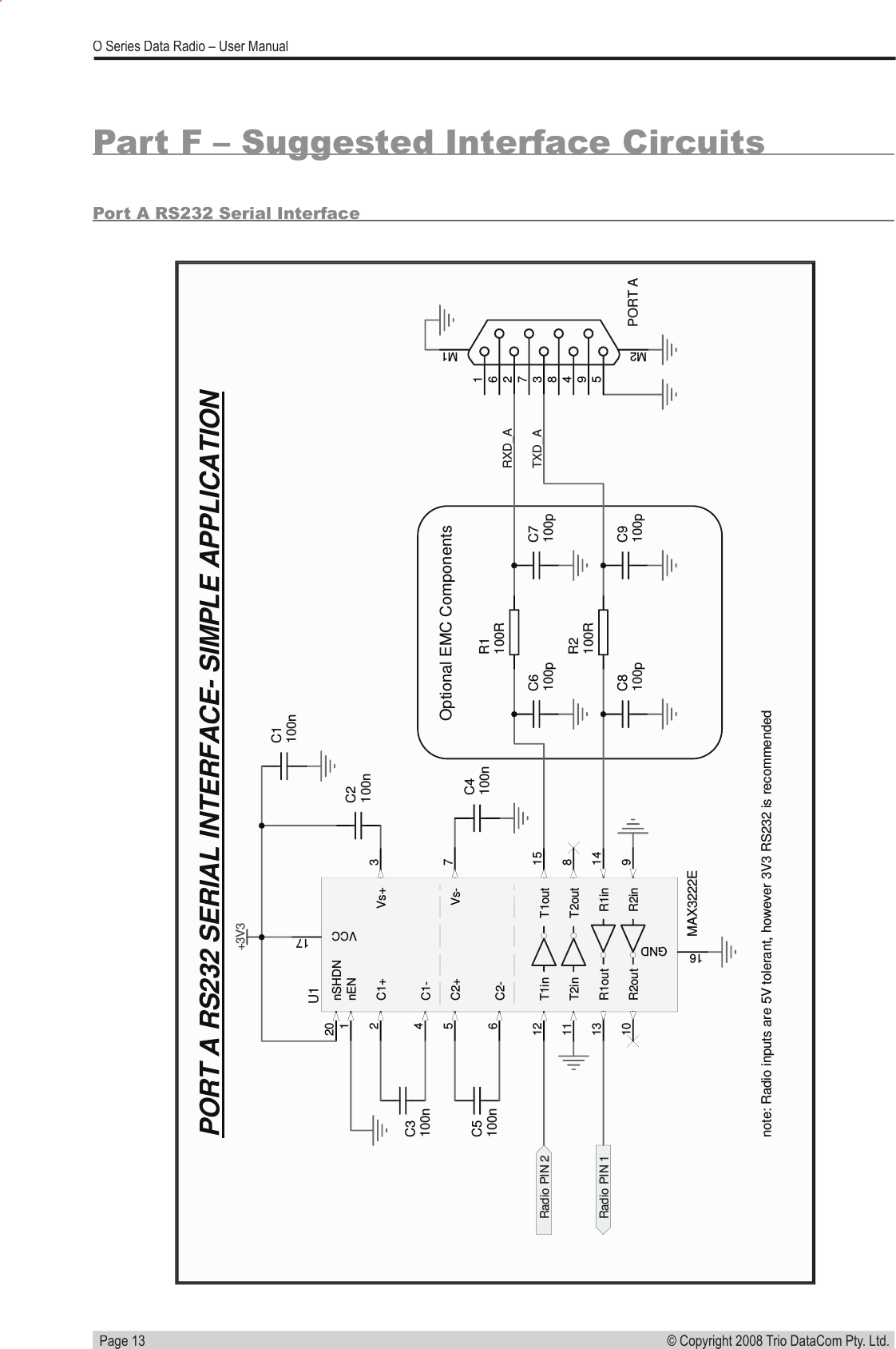   Page 13© Copyright 2008 Trio DataCom Pty. Ltd. O Series Data Radio – User ManualPORT A RS232 SERIAL INTERFACE- SIMPLE APPLICATIONC8100pR2100RC9100pC6100pR1100RC7100pRXD_ATXD_A+3V3Radio PIN 2Radio PIN 1C1100nC2100nC4100n162738495M2 M1PORT AC3100nC5100nOptional EMC ComponentsC1+2C1-4C2+5C2-6Vs+ 3Vs- 7VCC 17GND16T1in12 T1out 15T2in11 T2out 8R1out13 R1in 14R2out10 R2in 9nEN1nSHDN20U1MAX3222Enote: Radio inputs are 5V tolerant, however 3V3 RS232 is recommended Part F – Suggested Interface CircuitsPort A RS232 Serial Interface