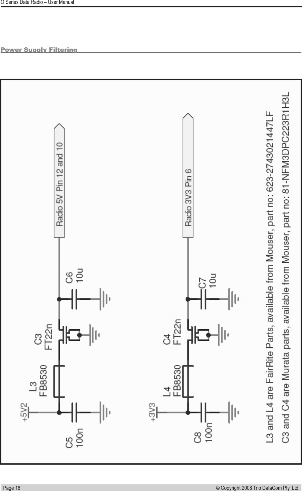   Page 16© Copyright 2008 Trio DataCom Pty. Ltd. O Series Data Radio – User ManualPower Supply Filtering