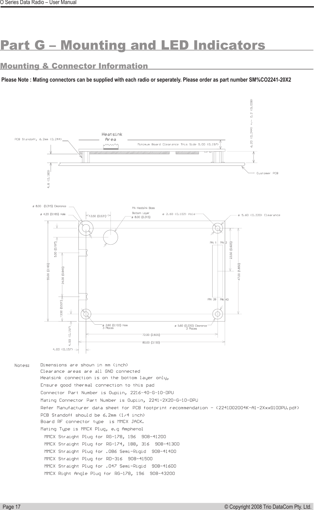   Page 17© Copyright 2008 Trio DataCom Pty. Ltd. O Series Data Radio – User ManualPart G – Mounting and LED IndicatorsMounting &amp; Connector Information  Please Note : Mating connectors can be supplied with each radio or seperately. Please order as part number SM%CO2241-20X2