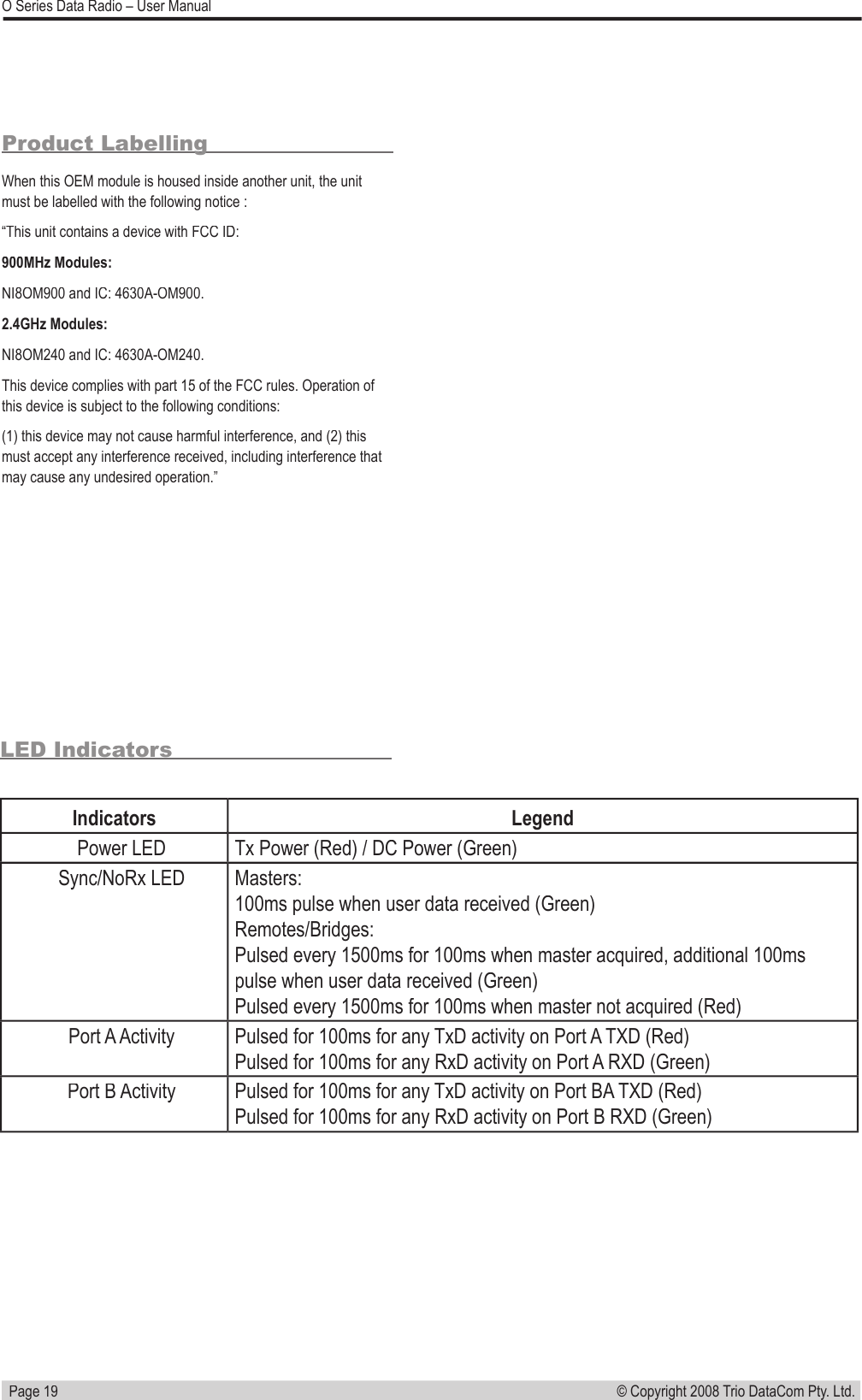   Page 19© Copyright 2008 Trio DataCom Pty. Ltd. O Series Data Radio – User ManualLED IndicatorsIndicatorsLegend   Power LEDTx Power (Red) / DC Power (Green)   Sync/NoRx LEDMasters:100ms pulse when user data received (Green)Remotes/Bridges:Pulsed every 1500ms for 100ms when master acquired, additional 100ms pulse when user data received (Green)Pulsed every 1500ms for 100ms when master not acquired (Red)   Port A ActivityPulsed for 100ms for any TxD activity on Port A TXD (Red)Pulsed for 100ms for any RxD activity on Port A RXD (Green)   Port B ActivityPulsed for 100ms for any TxD activity on Port BA TXD (Red)Pulsed for 100ms for any RxD activity on Port B RXD (Green)Product LabellingWhen this OEM module is housed inside another unit, the unit must be labelled with the following notice :“This unit contains a device with FCC ID: 900MHz Modules:NI8OM900 and IC: 4630A-OM900.2.4GHz Modules:NI8OM240 and IC: 4630A-OM240.This device complies with part 15 of the FCC rules. Operation of this device is subject to the following conditions:(1) this device may not cause harmful interference, and (2) this must accept any interference received, including interference that may cause any undesired operation.”