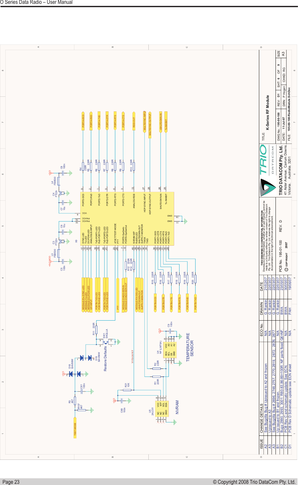   Page 23© Copyright 2008 Trio DataCom Pty. Ltd. O Series Data Radio – User Manual1122334455667788D DC CB BA ATRIO  DATACOM  Pty.  Ltd.41  Aster  Avenue.ISSUE CHANGE  DETAILS DRAWN DATEECO  No.6 9K-Series  RF  ModuleD1TITLE:SIZEA3DATE:SHT: OFFILE:CHKD:DWG  No.:195-00-100-RadioModule.SchDoc11-Jul-07REV:195-00-100THIS  DRAWING  IS  CONFIDENTIAL  INFORMATIONDisclosure  of  this  information,  whether  all  or  part  thereof,  cannot  be  made  to  a  3rd  party  without  the  written  consent  of  Trio  Datacom   Pty.  Ltd.    Trio  Datacom  Pty.  Ltd.  reserves  the  right  to  change  documentation  in  the  light  of  technical  advancement.COPYRIGHTCPCB  No. REV.DRN: P  Hogan RGCarrum  Downs.Victoria. Australia.  3201A2A3A3B2C1D1B1See  Bugzilla  Bug  #  Upissued  to  A2  and  frozenUpissued  to  A3See  Bugzilla  Bug  #  2696,  2748,2757,  2770,2819,    2872,    2876,  2877Up  issued  to  B1  and  frozen.Bugs  2990,  2993,  3001:  R80-83,86-89=100R.  NF  parts  fixed.  Q6=NF.PCB  Rev  C  and  schematic  update.  See  ECN.N/AN/AN/AN/AN/AG.  RankinG.  RankinG.  RankinG.  RankinBWABWAPAH21/02/0722/03/0722/03/0722/03/0723/05/0730/05/0719/06/07PCB  Rev  D  Schematic  update  see  ECN  sheet195-01-100 DR5 220RR9 220RR6 220RR8 220RMULTISYNC-INPUTR10 220RR12 220RR11 220RR7 220RPORTB-RXDPORTB-CTSPORTB-TXDPORTB-RTSnSHUTDOWN-INPORTB-DCDRSSI-OUTPTT2007Tx-INHIBITMODULE-DIAGS-SER-INMODULE-DIAGS-SER-OUTPORTB-DTRR17 220RR15 220RMODULE-Rx-SYNC-LEDMODULE-Tx-LEDMODULE-DC-POW-LED+3V3L4FB8530Radio  ModuleMULTISYNC-OUTPUTL3FB8530+5V2-MODC5100nC8100nC610uC710uR16 220RR4220RR18 220RR20 220RR19 220RR14 220RPORTA-RXDPORTA-CTSPORTA-TXDPORTA-RTSPORTA-DCDPORTA-DTRnSHUTDOWN-OUTSUPPLY-MONITOR+3V3Restore  DefaultsSDA1SCL2OS3GND4A2 5A1 6A0 7VCC 8U4NF  (LM75A) +3V3C9100nR1220RR2220RPORTB-RXD-LEDMODULE-RX-SIG-LEDPORTB-TXD-LEDPORTA-TXD-LEDPORTA-RXD-LEDSDA 5SCL 6WP 7GND4NC3NC2NC1VCC 8U524LC01+3V3C69100nGP-INPUTNVRAMTEMPERATURESENSOR1 23 4SW1SKQLLA1 23D18BAV99W12 3D19BAV99WTEST-MODEPORT2-RxD 2PORT2-TxD 1PORT2-DCD 9PORT2-DTR 5PORT2-RTS 4PORT2-CTS 3PORT0-SysSerOut8PORT0-SysSerIn7VCC 6PAVCC 10PAVCC 12GND11GND14HOP-SYNC-INPUT 27RxD-PORT2-LED21ANALOG-RSSI 13Tx-LED15 SYNC-LED17ANALOGUE-INPUT16TxD-PORT1-LED18RxD-PORT1-LED19DC-POW-LED22nFACT/TEST-MODE23PTT24Tx-INHIBIT 25SHUTDOWN-IN 26HOP-SYNC-OUTPUT 28PORT1-TxD29 PORT1-RxD30 PORT1-RTS31 PORT1-CTS32 PORT1-DTR33 PORT1-DCD34TWD35 TWCK36 SUPPLY-MONITOR37 SHUTDOWN-OUT38 RxSIG-LED39 NVRAM-WP40TxD-PORT2-LED20X9R2110KNVRAM-WPC3FT22nC4FT22nR34K7R1074K7 C81100n