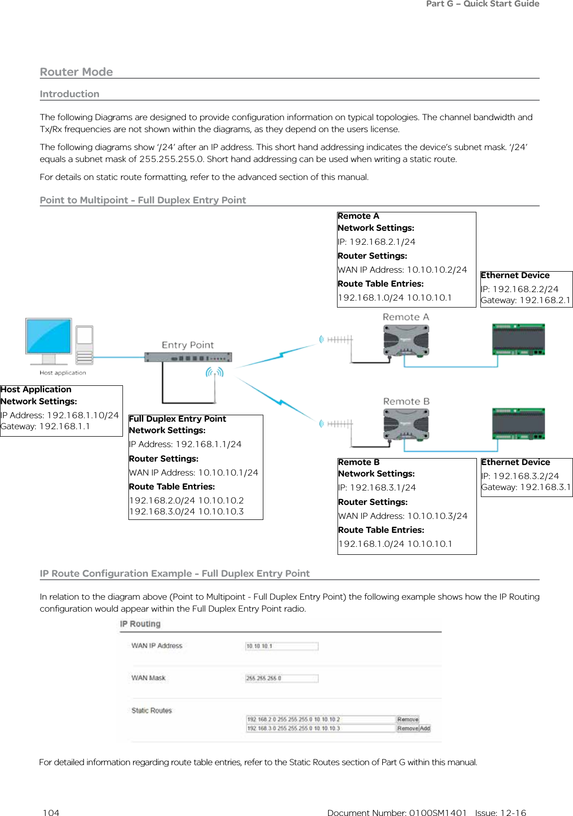  104  Document Number: 0100SM1401   Issue: 12-16Router ModePoint to Multipoint - Full Duplex Entry PointFull Duplex Entry PointNetwork Settings:IP Address: 192.168.1.1/24Router Settings:WAN IP Address: 10.10.10.1/24Route Table Entries:192.168.2.0/24 10.10.10.2192.168.3.0/24 10.10.10.3Host ApplicationNetwork Settings:IP Address: 192.168.1.10/24Gateway: 192.168.1.1Remote ANetwork Settings:IP: 192.168.2.1/24Router Settings:WAN IP Address: 10.10.10.2/24Route Table Entries:192.168.1.0/24 10.10.10.1Remote BNetwork Settings:IP: 192.168.3.1/24Router Settings:WAN IP Address: 10.10.10.3/24Route Table Entries:192.168.1.0/24 10.10.10.1Ethernet DeviceIP: 192.168.2.2/24Gateway: 192.168.2.1Ethernet DeviceIP: 192.168.3.2/24Gateway: 192.168.3.1IntroductionThe following Diagrams are designed to provide configuration information on typical topologies. The channel bandwidth and Tx/Rx frequencies are not shown within the diagrams, as they depend on the users license.The following diagrams show ‘/24’ after an IP address. This short hand addressing indicates the device’s subnet mask. ‘/24’ equals a subnet mask of 255.255.255.0. Short hand addressing can be used when writing a static route.For details on static route formatting, refer to the advanced section of this manual.Part G – Quick Start GuideIP Route Configuration Example - Full Duplex Entry PointIn relation to the diagram above (Point to Multipoint - Full Duplex Entry Point) the following example shows how the IP Routing configuration would appear within the Full Duplex Entry Point radio.For detailed information regarding route table entries, refer to the Static Routes section of Part G within this manual.