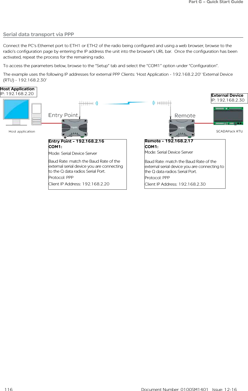  116  Document Number: 0100SM1401   Issue: 12-16Serial data transport via PPPConnect the PC’s Ethernet port to ETH1 or ETH2 of the radio being configured and using a web browser, browse to the radio’s configuration page by entering the IP address the unit into the browser’s URL bar.  Once the configuration has been activated, repeat the process for the remaining radio. To access the parameters below, browse to the “Setup” tab and select the “COM1” option under “Configuration”.The example uses the following IP addresses for external PPP Clients: ‘Host Application - 192.168.2.20’ ‘External Device (RTU) - 192.168.2.30’Host ApplicationIP: 192.168.2.20 External DeviceIP: 192.168.2.30Remote - 192.168.2.17COM1:Mode: Serial Device ServerBaud Rate: match the Baud Rate of the external serial device you are connecting to the Q data radios Serial Port.Protocol: PPPClient IP Address: 192.168.2.30Entry Point - 192.168.2.16COM1:Mode: Serial Device ServerBaud Rate: match the Baud Rate of the external serial device you are connecting to the Q data radios Serial Port.Protocol: PPPClient IP Address: 192.168.2.20Part G – Quick Start Guide