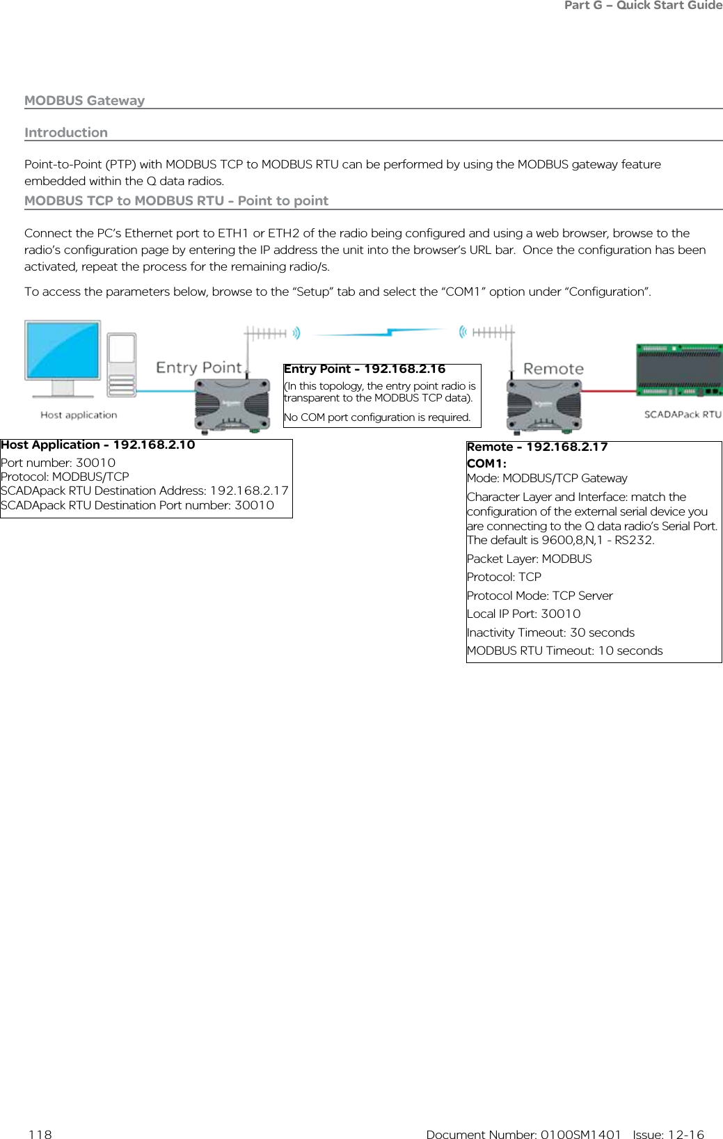  118  Document Number: 0100SM1401   Issue: 12-16MODBUS GatewayMODBUS TCP to MODBUS RTU - Point to pointConnect the PC’s Ethernet port to ETH1 or ETH2 of the radio being configured and using a web browser, browse to the radio’s configuration page by entering the IP address the unit into the browser’s URL bar.  Once the configuration has been activated, repeat the process for the remaining radio/s. To access the parameters below, browse to the “Setup” tab and select the “COM1” option under “Configuration”.IntroductionPoint-to-Point (PTP) with MODBUS TCP to MODBUS RTU can be performed by using the MODBUS gateway feature embedded within the Q data radios.   Remote - 192.168.2.17COM1:Mode: MODBUS/TCP GatewayCharacter Layer and Interface: match the configuration of the external serial device you are connecting to the Q data radio’s Serial Port. The default is 9600,8,N,1 - RS232.Packet Layer: MODBUSProtocol: TCPProtocol Mode: TCP ServerLocal IP Port: 30010Inactivity Timeout: 30 secondsMODBUS RTU Timeout: 10 secondsEntry Point - 192.168.2.16(In this topology, the entry point radio is transparent to the MODBUS TCP data).No COM port configuration is required.Part G – Quick Start GuideHost Application - 192.168.2.10Port number: 30010Protocol: MODBUS/TCPSCADApack RTU Destination Address: 192.168.2.17SCADApack RTU Destination Port number: 30010