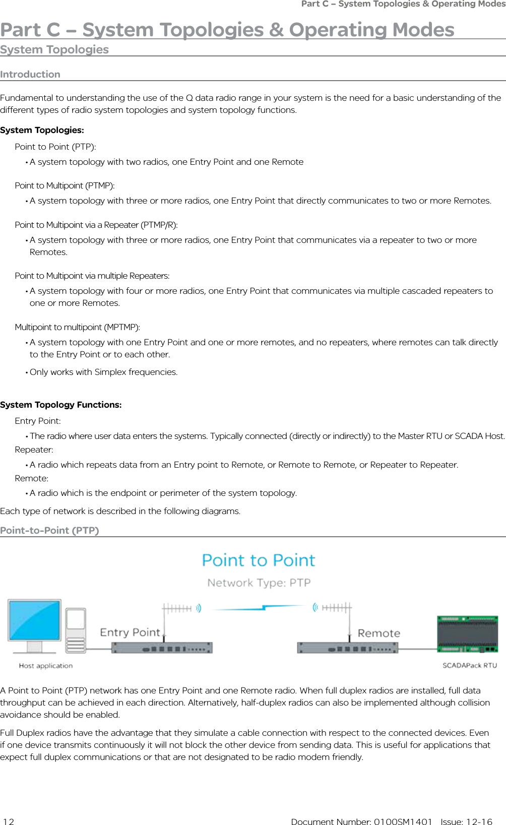  12  Document Number: 0100SM1401   Issue: 12-16Part C – System Topologies &amp; Operating ModesPart C – System Topologies &amp; Operating ModesSystem TopologiesIntroduction Fundamental to understanding the use of the Q data radio range in your system is the need for a basic understanding of the different types of radio system topologies and system topology functions.System Topologies:Point to Point (PTP): • A system topology with two radios, one Entry Point and one RemotePoint to Multipoint (PTMP):• A system topology with three or more radios, one Entry Point that directly communicates to two or more Remotes.Point to Multipoint via a Repeater (PTMP/R): • A system topology with three or more radios, one Entry Point that communicates via a repeater to two or more Remotes.Point to Multipoint via multiple Repeaters:• A system topology with four or more radios, one Entry Point that communicates via multiple cascaded repeaters to one or more Remotes.Multipoint to multipoint (MPTMP):• A system topology with one Entry Point and one or more remotes, and no repeaters, where remotes can talk directly to the Entry Point or to each other. • Only works with Simplex frequencies.System Topology Functions:Entry Point:• The radio where user data enters the systems. Typically connected (directly or indirectly) to the Master RTU or SCADA Host.Repeater:• A radio which repeats data from an Entry point to Remote, or Remote to Remote, or Repeater to Repeater. Remote:• A radio which is the endpoint or perimeter of the system topology. Each type of network is described in the following diagrams. Point-to-Point (PTP)A Point to Point (PTP) network has one Entry Point and one Remote radio. When full duplex radios are installed, full data throughput can be achieved in each direction. Alternatively, half-duplex radios can also be implemented although collision avoidance should be enabled.Full Duplex radios have the advantage that they simulate a cable connection with respect to the connected devices. Even if one device transmits continuously it will not block the other device from sending data. This is useful for applications that expect full duplex communications or that are not designated to be radio modem friendly.