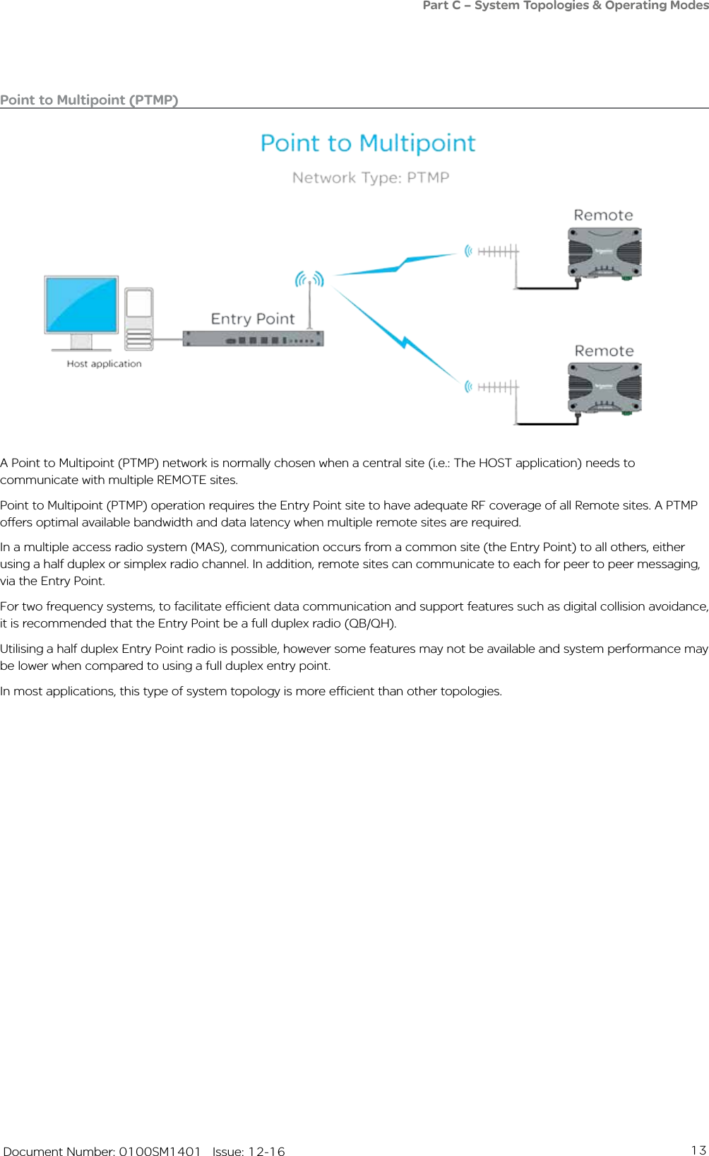 13   Document Number: 0100SM1401   Issue: 12-16Point to Multipoint (PTMP)A Point to Multipoint (PTMP) network is normally chosen when a central site (i.e.: The HOST application) needs to communicate with multiple REMOTE sites.Point to Multipoint (PTMP) operation requires the Entry Point site to have adequate RF coverage of all Remote sites. A PTMP offers optimal available bandwidth and data latency when multiple remote sites are required. In a multiple access radio system (MAS), communication occurs from a common site (the Entry Point) to all others, either using a half duplex or simplex radio channel. In addition, remote sites can communicate to each for peer to peer messaging, via the Entry Point.For two frequency systems, to facilitate efficient data communication and support features such as digital collision avoidance, it is recommended that the Entry Point be a full duplex radio (QB/QH). Utilising a half duplex Entry Point radio is possible, however some features may not be available and system performance may be lower when compared to using a full duplex entry point.In most applications, this type of system topology is more efficient than other topologies.Part C – System Topologies &amp; Operating Modes