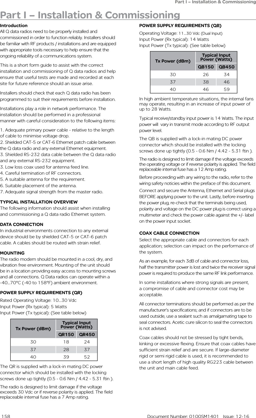  158  Document Number: 0100SM1401   Issue: 12-16Part I – Installation &amp; Commissioning Part I – Installation &amp; CommissioningPOWER SUPPLY REQUIREMENTS (QB)Operating Voltage: 11...30 Vdc (Dual Input)Input Power (Rx typical): 14 Watts Input Power (Tx typical): (See table below)IntroductionAll Q data radios need to be properly installed and commissioned in order to function reliably. Installers should be familiar with RF products / installations and are equipped with appropriate tools necessary to help ensure that the ongoing reliability of a communications system.This is a short form guide to assist with the correct installation and commissioning of Q data radios and help ensure that useful tests are made and recorded at each site for future reference should an issue arise.Installers should check that each Q data radio has been programmed to suit their requirements before installation.Installations play a role in network performance. The installation should be performed in a professional manner with careful consideration to the following items:1. Adequate primary power cable - relative to the length of cable to minimise voltage drop.2. Shielded CAT-5 or CAT-6 Ethernet patch cable between the Q data radio and any external Ethernet equipment.3. Shielded RS-232 data cable between the Q data radio and any external RS-232 equipment.  3. Low loss coax used for antenna feed line.4. Careful termination of RF connectors.       5. A suitable antenna for the requirement.  6. Suitable placement of the antenna.7. Adequate signal strength from the master radio. TYPICAL INSTALLATION OVERVIEWThe following information should assist when installing and commissioning a Q data radio Ethernet system.DATA CONNECTIONIn industrial environments connection to any external device should be by shielded CAT-5 or CAT-6 patch cable. A cables should be routed with strain relief. MOUNTINGThe radio modem should be mounted in a cool, dry, and vibration free environment. Mounting of the unit should be in a location providing easy access to mounting screws and all connections. Q Data radios can operate within a -40...70°C (-40 to 158°F) ambient environment.COAX CABLE CONNECTION  Select the appropriate cable and connectors for each application; selection can impact on the performance of the system. As an example, for each 3dB of cable and connector loss, half the transmitter power is lost and twice the receiver signal power is required to produce the same RF link performance.In some installations where strong signals are present, a compromise of cable and connector cost may be acceptable. All connector terminations should be performed as per the manufacturer’s specifications; and if connectors are to be used outside, use a sealant such as amalgamating tape to seal connectors. Acetic cure silicon to seal the connectors is not advised.Coax cables should not be stressed by tight bends, kinking or excessive flexing. Ensure that coax cables have sufficient strain relief and are secure. If large-diameter rigid or semi rigid cable is used, it is recommended to use a short length of high quality RG223 cable between the unit and main cable feed.Connect and secure the Antenna, Ethernet and Serial plugs BEFORE applying power to the unit. Lastly, before inserting the power plug, re-check that the terminals being used, polarity and voltage on the DC power plug is correct using a multimeter and check the power cable against the +/- label on the power input socket.POWER SUPPLY REQUIREMENTS (QR)Rated Operating Voltage: 10...30 VdcInput Power (Rx typical): 5 Watts Input Power (Tx typical): (See table below)The QR is supplied with a lock-in mating DC power connector which should be installed with the locking screws done up tightly (0.5 - 0.6 Nm / 4.42 - 5.31 ftin ).  The radio is designed to limit damage if the voltage exceeds 30 Vdc or if reverse polarity is applied. The field replaceable internal fuse has a 7 Amp rating.In high ambient temperature situations, the internal fans may operate, resulting in an increase of input power of up to 28 Watts.Typical receive/standby input power is 14 Watts. The input power will  vary in transmit mode according to RF output power level.The QB is supplied with a lock-in mating DC power connector which should be installed with the locking screws done up tightly (0.5 - 0.6 Nm / 4.42 - 5.31 ftin ). The radio is designed to limit damage if the voltage exceeds the operating voltage or if reverse polarity is applied. The field replaceable internal fuse has a 12 Amp rating. Tx Power (dBm)Typical Input Power (Watts)QB150 QB45030 26 3437 38 4640 46 59Tx Power (dBm)Typical Input Power (Watts)QR150 QR45030 18 2437 28 3740 39 52Before proceeding with any wiring to the radio, refer to the wiring safety noticies within the preface of this document.