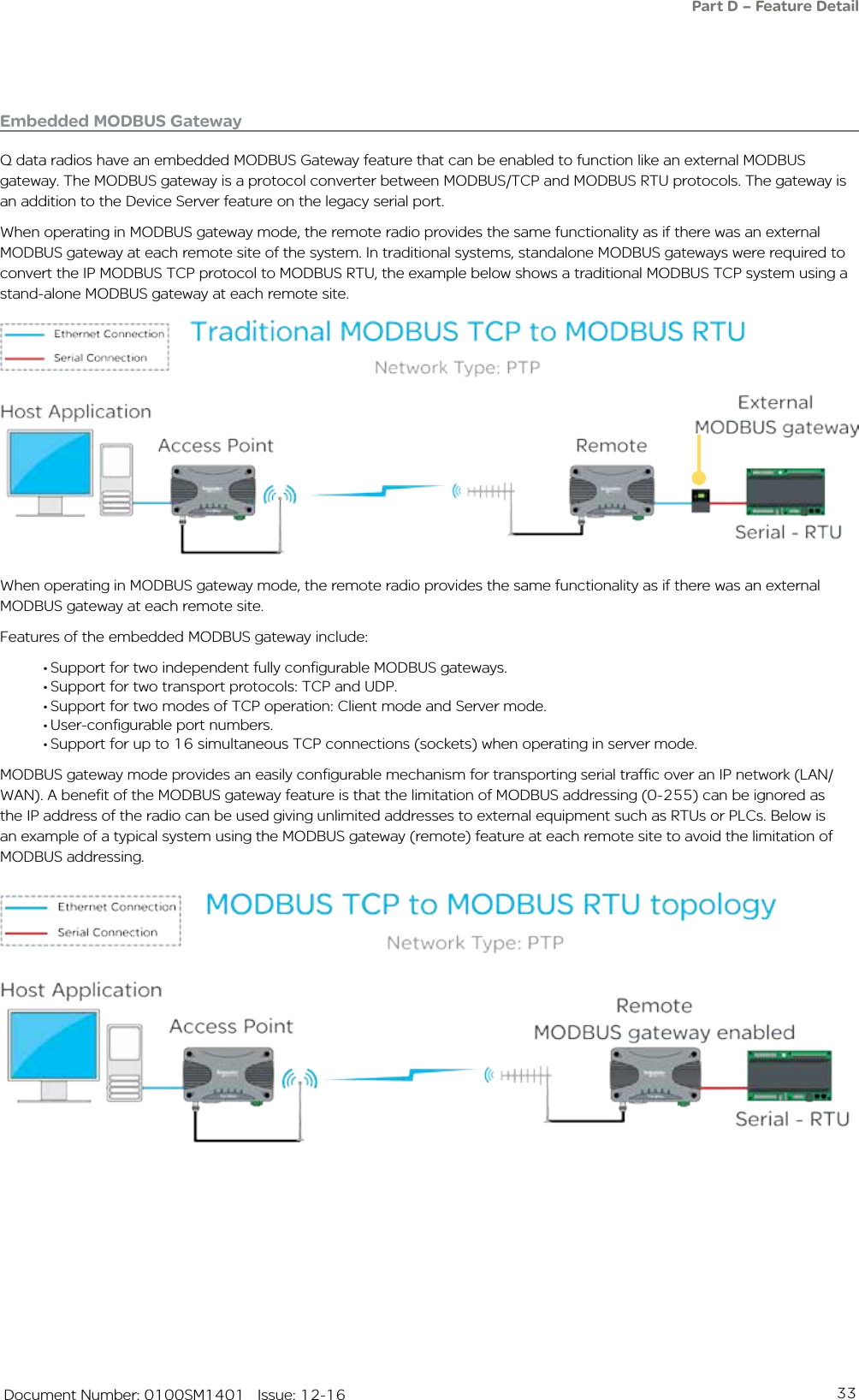 33   Document Number: 0100SM1401   Issue: 12-16Embedded MODBUS GatewayQ data radios have an embedded MODBUS Gateway feature that can be enabled to function like an external MODBUS gateway. The MODBUS gateway is a protocol converter between MODBUS/TCP and MODBUS RTU protocols. The gateway is an addition to the Device Server feature on the legacy serial port.When operating in MODBUS gateway mode, the remote radio provides the same functionality as if there was an external MODBUS gateway at each remote site of the system. In traditional systems, standalone MODBUS gateways were required to convert the IP MODBUS TCP protocol to MODBUS RTU, the example below shows a traditional MODBUS TCP system using a stand-alone MODBUS gateway at each remote site.When operating in MODBUS gateway mode, the remote radio provides the same functionality as if there was an external MODBUS gateway at each remote site.Features of the embedded MODBUS gateway include:• Support for two independent fully configurable MODBUS gateways.• Support for two transport protocols: TCP and UDP.• Support for two modes of TCP operation: Client mode and Server mode.• User-configurable port numbers.• Support for up to 16 simultaneous TCP connections (sockets) when operating in server mode.MODBUS gateway mode provides an easily configurable mechanism for transporting serial traffic over an IP network (LAN/WAN). A benefit of the MODBUS gateway feature is that the limitation of MODBUS addressing (0-255) can be ignored as the IP address of the radio can be used giving unlimited addresses to external equipment such as RTUs or PLCs. Below is an example of a typical system using the MODBUS gateway (remote) feature at each remote site to avoid the limitation of MODBUS addressing.Part D – Feature Detail