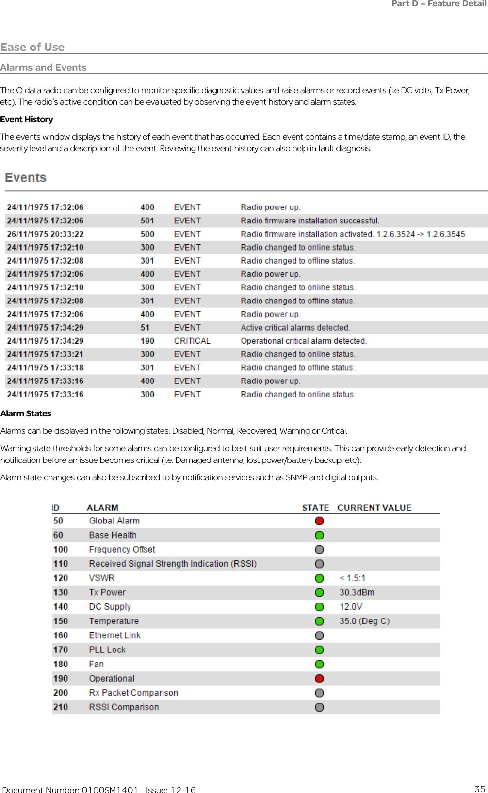 35   Document Number: 0100SM1401   Issue: 12-16Ease of UseAlarms and EventsThe Q data radio can be configured to monitor specific diagnostic values and raise alarms or record events (i.e DC volts, Tx Power, etc). The radio’s active condition can be evaluated by observing the event history and alarm states.Event HistoryThe events window displays the history of each event that has occurred. Each event contains a time/date stamp, an event ID, the severity level and a description of the event. Reviewing the event history can also help in fault diagnosis.Alarm StatesAlarms can be displayed in the following states: Disabled, Normal, Recovered, Warning or Critical.Warning state thresholds for some alarms can be configured to best suit user requirements. This can provide early detection and notification before an issue becomes critical (i.e. Damaged antenna, lost power/battery backup, etc).Alarm state changes can also be subscribed to by notification services such as SNMP and digital outputs.Part D – Feature Detail