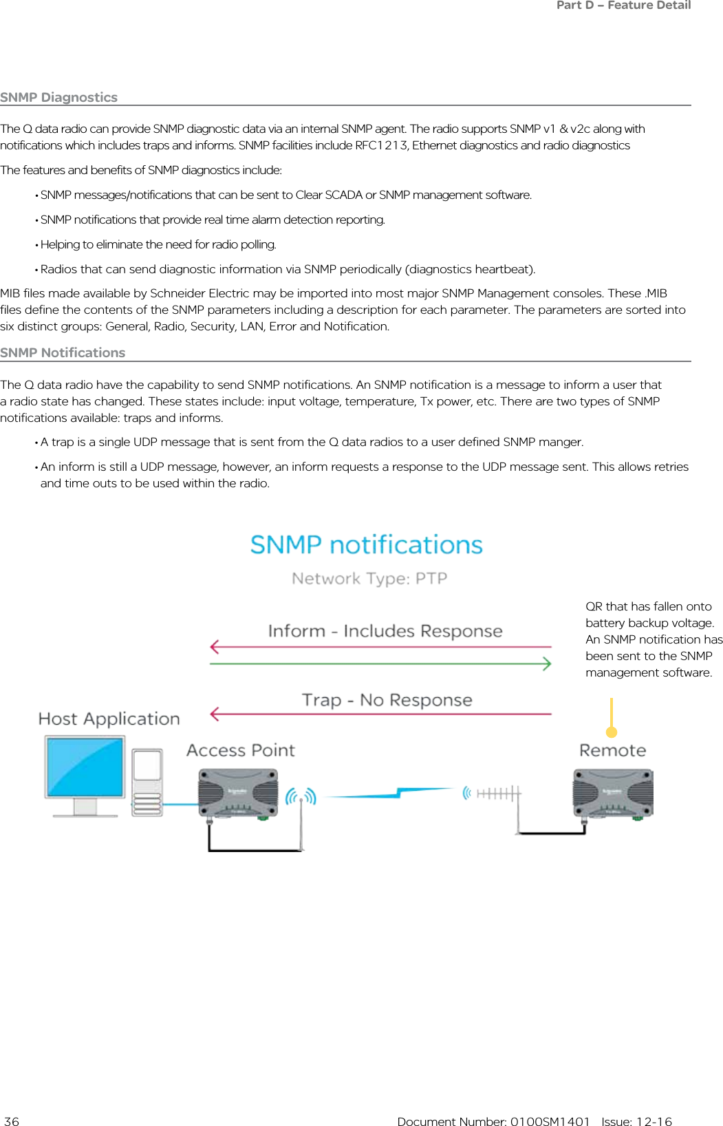  36  Document Number: 0100SM1401   Issue: 12-16SNMP DiagnosticsThe Q data radio can provide SNMP diagnostic data via an internal SNMP agent. The radio supports SNMP v1 &amp; v2c along with notifications which includes traps and informs. SNMP facilities include RFC1213, Ethernet diagnostics and radio diagnosticsThe features and benefits of SNMP diagnostics include:• SNMP messages/notifications that can be sent to Clear SCADA or SNMP management software.• SNMP notifications that provide real time alarm detection reporting.• Helping to eliminate the need for radio polling.• Radios that can send diagnostic information via SNMP periodically (diagnostics heartbeat).MIB files made available by Schneider Electric may be imported into most major SNMP Management consoles. These .MIB files define the contents of the SNMP parameters including a description for each parameter. The parameters are sorted into six distinct groups: General, Radio, Security, LAN, Error and Notification.SNMP NotificationsThe Q data radio have the capability to send SNMP notifications. An SNMP notification is a message to inform a user that a radio state has changed. These states include: input voltage, temperature, Tx power, etc. There are two types of SNMP notifications available: traps and informs.• A trap is a single UDP message that is sent from the Q data radios to a user defined SNMP manger. • An inform is still a UDP message, however, an inform requests a response to the UDP message sent. This allows retries and time outs to be used within the radio. QR that has fallen onto battery backup voltage. An SNMP notification has been sent to the SNMP management software.Part D – Feature Detail