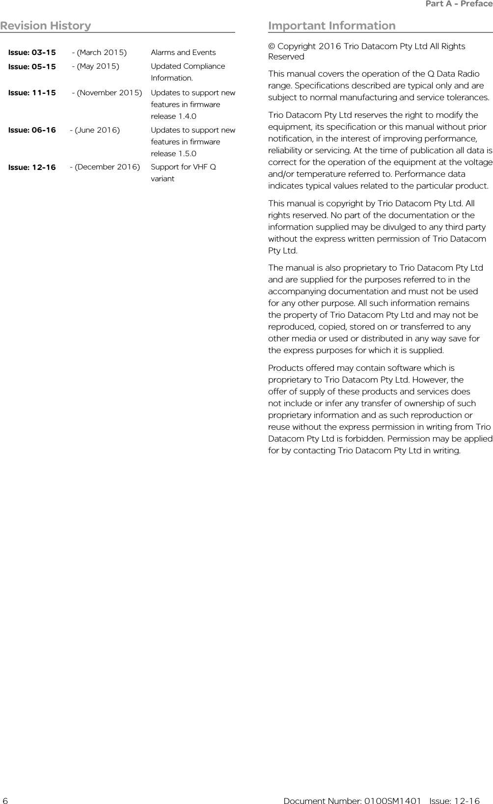  6  Document Number: 0100SM1401   Issue: 12-16Revision HistoryIssue: 03-15  - (March 2015) Alarms and EventsIssue: 05-15  - (May 2015) Updated Compliance Information.Issue: 11-15  - (November 2015) Updates to support new features in firmware release 1.4.0Issue: 06-16 - (June 2016) Updates to support new features in firmware release 1.5.0Issue: 12-16 - (December 2016) Support for VHF Q variantPart A - PrefaceImportant Information© Copyright 2016 Trio Datacom Pty Ltd All Rights ReservedThis manual covers the operation of the Q Data Radio range. Specifications described are typical only and are subject to normal manufacturing and service tolerances.Trio Datacom Pty Ltd reserves the right to modify the equipment, its specification or this manual without prior notification, in the interest of improving performance, reliability or servicing. At the time of publication all data is correct for the operation of the equipment at the voltage and/or temperature referred to. Performance data indicates typical values related to the particular product.This manual is copyright by Trio Datacom Pty Ltd. All rights reserved. No part of the documentation or the information supplied may be divulged to any third party without the express written permission of Trio Datacom Pty Ltd.The manual is also proprietary to Trio Datacom Pty Ltd and are supplied for the purposes referred to in the accompanying documentation and must not be used for any other purpose. All such information remains the property of Trio Datacom Pty Ltd and may not be reproduced, copied, stored on or transferred to any other media or used or distributed in any way save for the express purposes for which it is supplied.Products offered may contain software which is proprietary to Trio Datacom Pty Ltd. However, the offer of supply of these products and services does not include or infer any transfer of ownership of such proprietary information and as such reproduction or reuse without the express permission in writing from Trio Datacom Pty Ltd is forbidden. Permission may be applied for by contacting Trio Datacom Pty Ltd in writing.