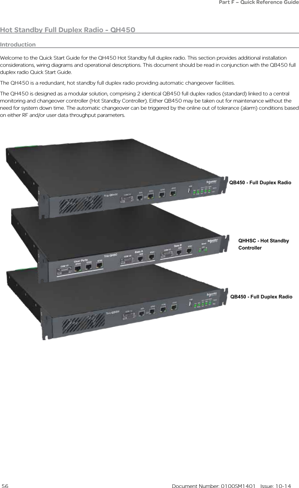  56  Document Number: 0100SM1401   Issue: 10-14Hot Standby Full Duplex Radio - QH450IntroductionWelcome to the Quick Start Guide for the QH450 Hot Standby full duplex radio. This section provides additional installation considerations, wiring diagrams and operational descriptions. This document should be read in conjunction with the QB450 full duplex radio Quick Start Guide.The QH450 is a redundant, hot standby full duplex radio providing automatic changeover facilities.The QH450 is designed as a modular solution, comprising 2 identical QB450 full duplex radios (standard) linked to a central monitoring and changeover controller (Hot Standby Controller). Either QB450 may be taken out for maintenance without the need for system down time. The automatic changeover can be triggered by the online out of tolerance (alarm) conditions based on either RF and/or user data throughput parameters.QB450 - Full Duplex RadioQHHSC - Hot Standby ControllerQB450 - Full Duplex RadioPart F – Quick Reference Guide