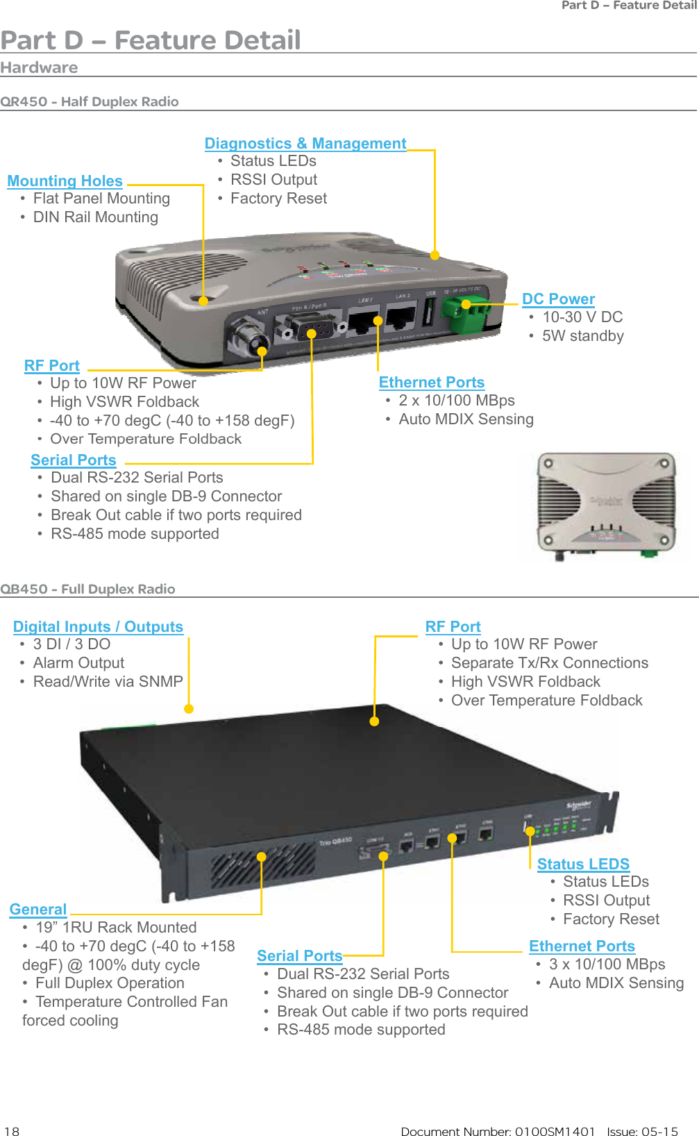  18  Document Number: 0100SM1401   Issue: 05-15Part D – Feature DetailPart D – Feature DetailHardwareQR450 - Half Duplex RadioQB450 - Full Duplex RadioQR450 Hardware OverviewM ti H lDiagnostics &amp; Management• Status LEDsRSSI O t tMountingHoles• Flat Panel Mounting• DIN Rail Mounting•RSSI Output• Factory ResetDC PowerRF Port• 10-30 V DC• 5W standbyEthernet Ports• 2 x 10/100 MBps• Auto MDIX Sensing• Up to 10W RF Power• High VSWR Foldback• -40 to +70 degC (-40 to +158 degF)•Over TemperatureFoldback•Over TemperatureFoldbackSerial Ports• Dual RS-232 Serial Ports• Shared on single DB-9 Connectorg• Break Out cable if two ports required• RS-485 mode supportedQB450 Hardware OverviewDigital Inputs / Outputs• 3 DI / 3 DO•Alarm OutputRF Port• Up to 10W RF Power•SeparateTx/Rx Connections•Alarm Output• Read/Write via SNMP•SeparateTx/Rx Connections• High VSWR Foldback• Over Temperature FoldbackS EDSGeneral19” 1RU R k M t dStatus LEDS• Status LEDs• RSSI Output•Factory ResetEthernet Ports• 3 x 10/100 MBps•Auto MDIX SensingSerial Ports• Dual RS-232 Serial PortsSh d i l DB9C t•19” 1RU Rack Mounted• -40 to +70 degC (-40 to +158 degF) @ 100% duty cycle• Full Duplex OperationFactory Resetg•Shared on singleDB-9 Connector• Break Out cable if two ports required• RS-485 mode supportedpp• Temperature Controlled Fan forced cooling