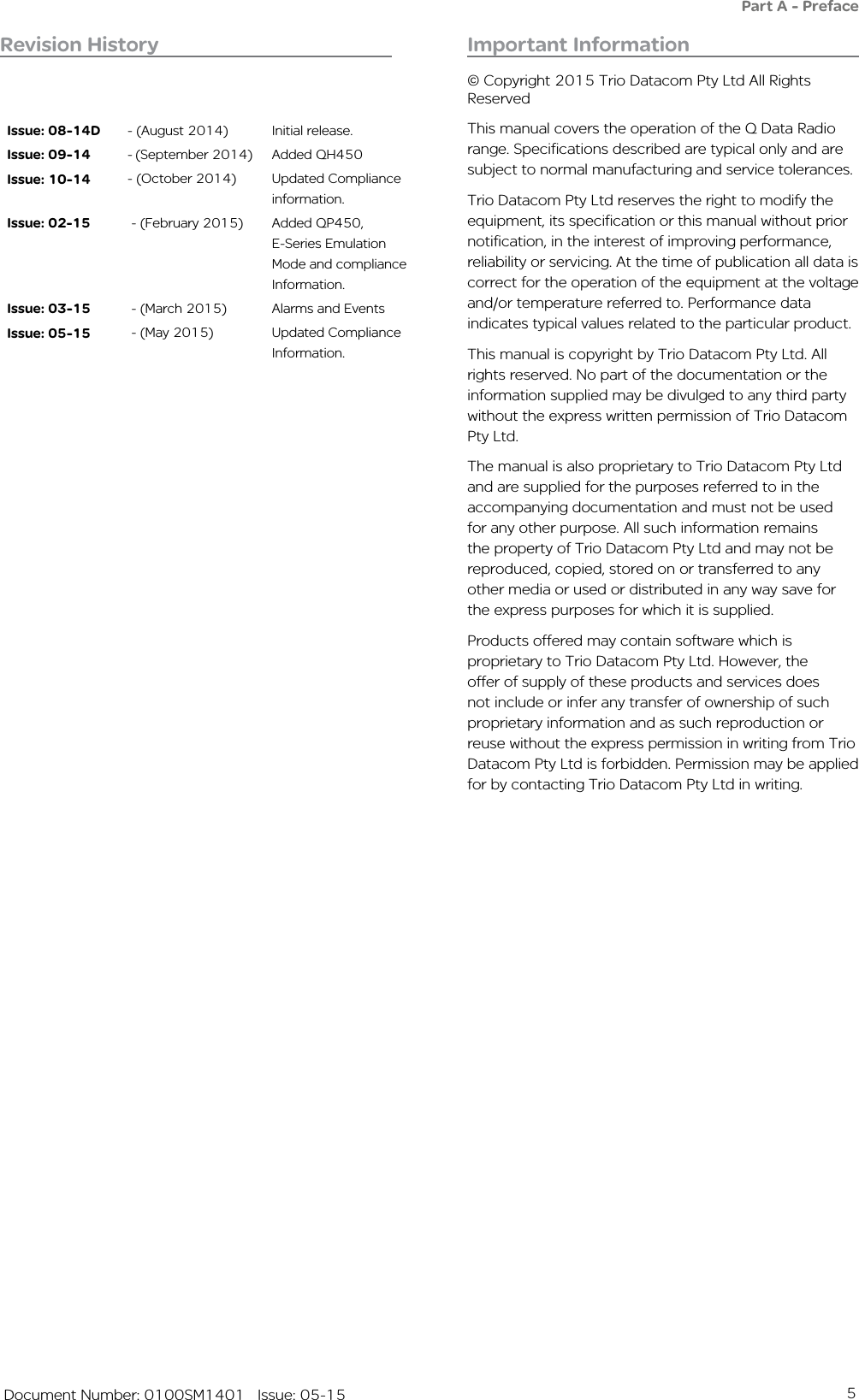 5   Document Number: 0100SM1401   Issue: 05-15Revision History     Issue: 08-14D - (August 2014) Initial release.Issue: 09-14 - (September 2014) Added QH450Issue: 10-14 - (October 2014) Updated Compliance information.Issue: 02-15  - (February 2015) Added QP450, E-Series Emulation Mode and compliance Information.Issue: 03-15  - (March 2015) Alarms and EventsIssue: 05-15  - (May 2015) Updated Compliance Information.Part A - PrefaceImportant Information© Copyright 2015 Trio Datacom Pty Ltd All Rights ReservedThis manual covers the operation of the Q Data Radio range. Specifications described are typical only and are subject to normal manufacturing and service tolerances.Trio Datacom Pty Ltd reserves the right to modify the equipment, its specification or this manual without prior notification, in the interest of improving performance, reliability or servicing. At the time of publication all data is correct for the operation of the equipment at the voltage and/or temperature referred to. Performance data indicates typical values related to the particular product.This manual is copyright by Trio Datacom Pty Ltd. All rights reserved. No part of the documentation or the information supplied may be divulged to any third party without the express written permission of Trio Datacom Pty Ltd.The manual is also proprietary to Trio Datacom Pty Ltd and are supplied for the purposes referred to in the accompanying documentation and must not be used for any other purpose. All such information remains the property of Trio Datacom Pty Ltd and may not be reproduced, copied, stored on or transferred to any other media or used or distributed in any way save for the express purposes for which it is supplied.Products offered may contain software which is proprietary to Trio Datacom Pty Ltd. However, the offer of supply of these products and services does not include or infer any transfer of ownership of such proprietary information and as such reproduction or reuse without the express permission in writing from Trio Datacom Pty Ltd is forbidden. Permission may be applied for by contacting Trio Datacom Pty Ltd in writing.